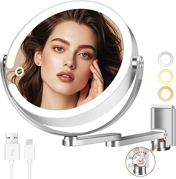 MOMOKUBA Wall Mounted Makeup Mirror, Aluminum Alloy Magnifying Mirror with Light 20X/1X Double-Sided, Height Adjustable, 3 Co