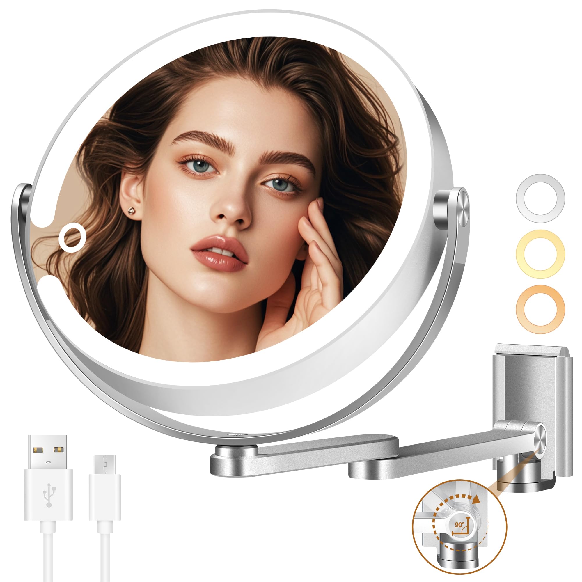 MOMOKUBA Wandmontierter Make-up-Spiegel, Vergrößerungsspiegel mit Licht, 20X/1X doppelseitig, höhenverstellbar, 3 beleuchtete Modi, wandmontierter Spiegel aus Aluminiumlegierung, ideal für Badezimmer