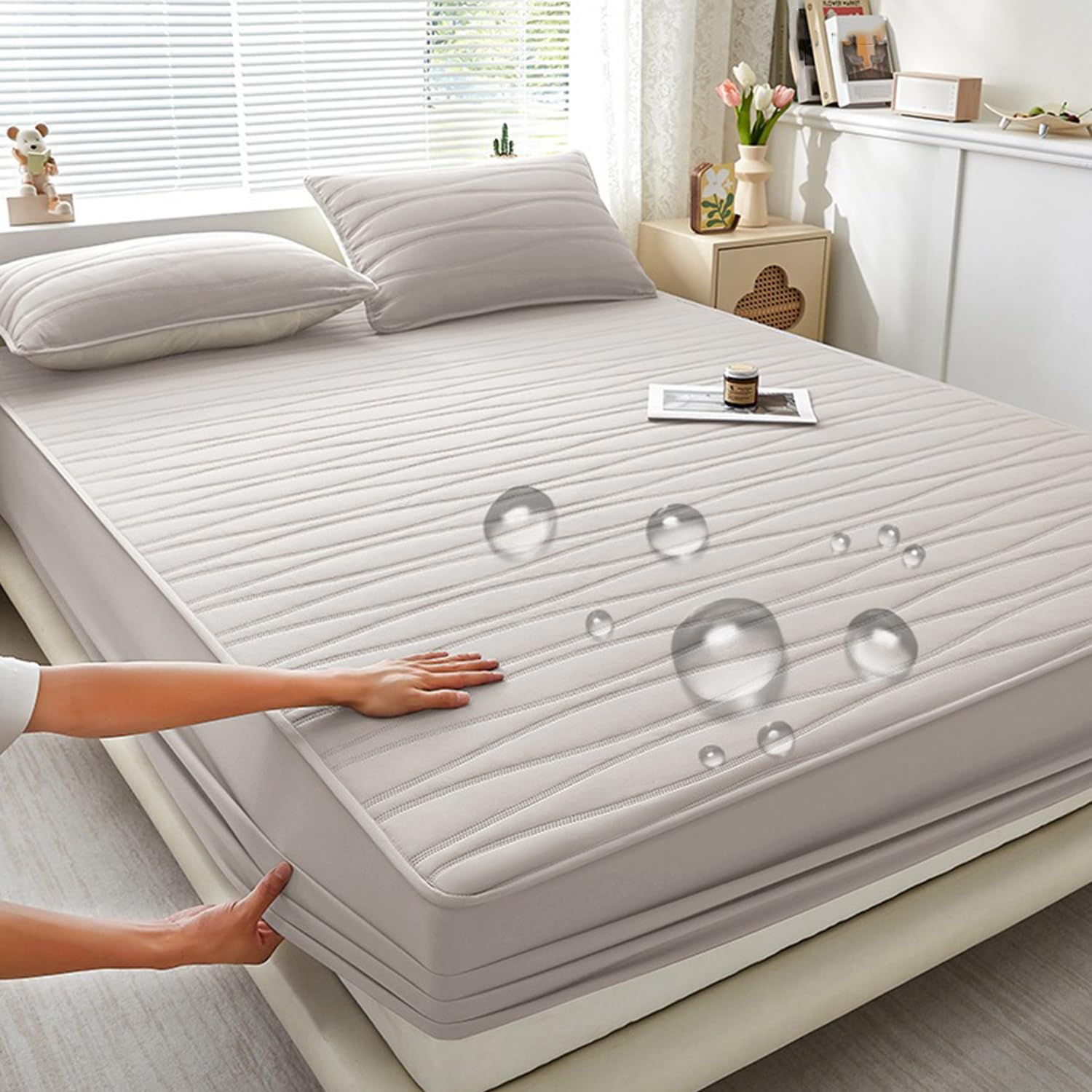 LDLCYCN ,B/grey1,150 * 200cm/QUEEN, 100% Waterproof Mattress Protector Cover Queen Size Quilted Fitted Sheet