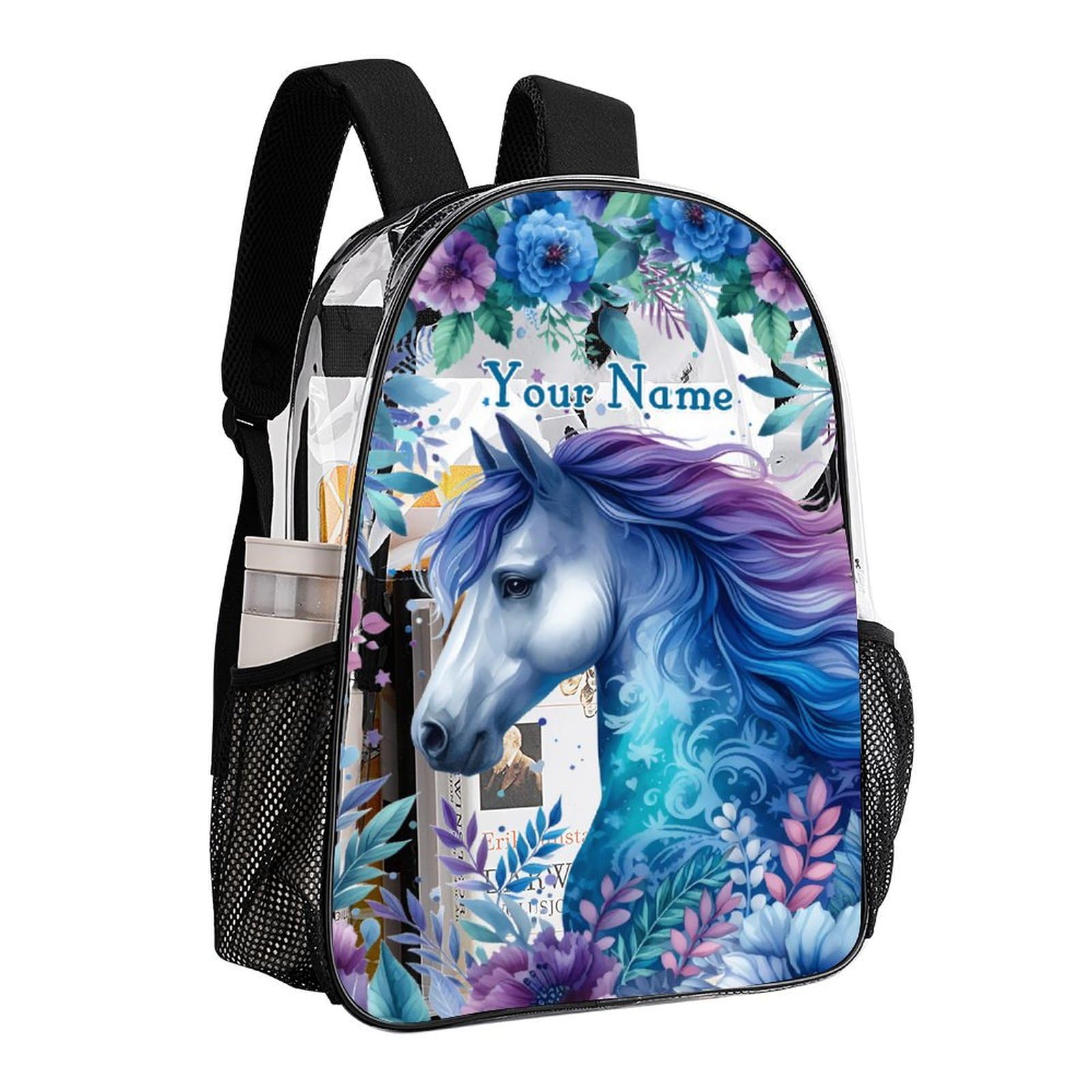 ZCJB-WSRY Custom Horse Clear Backpack Heavy Duty for Girls Kids Boys Women Men - Large Cute PVC Horses Theme Printing Transparent Backpacks for