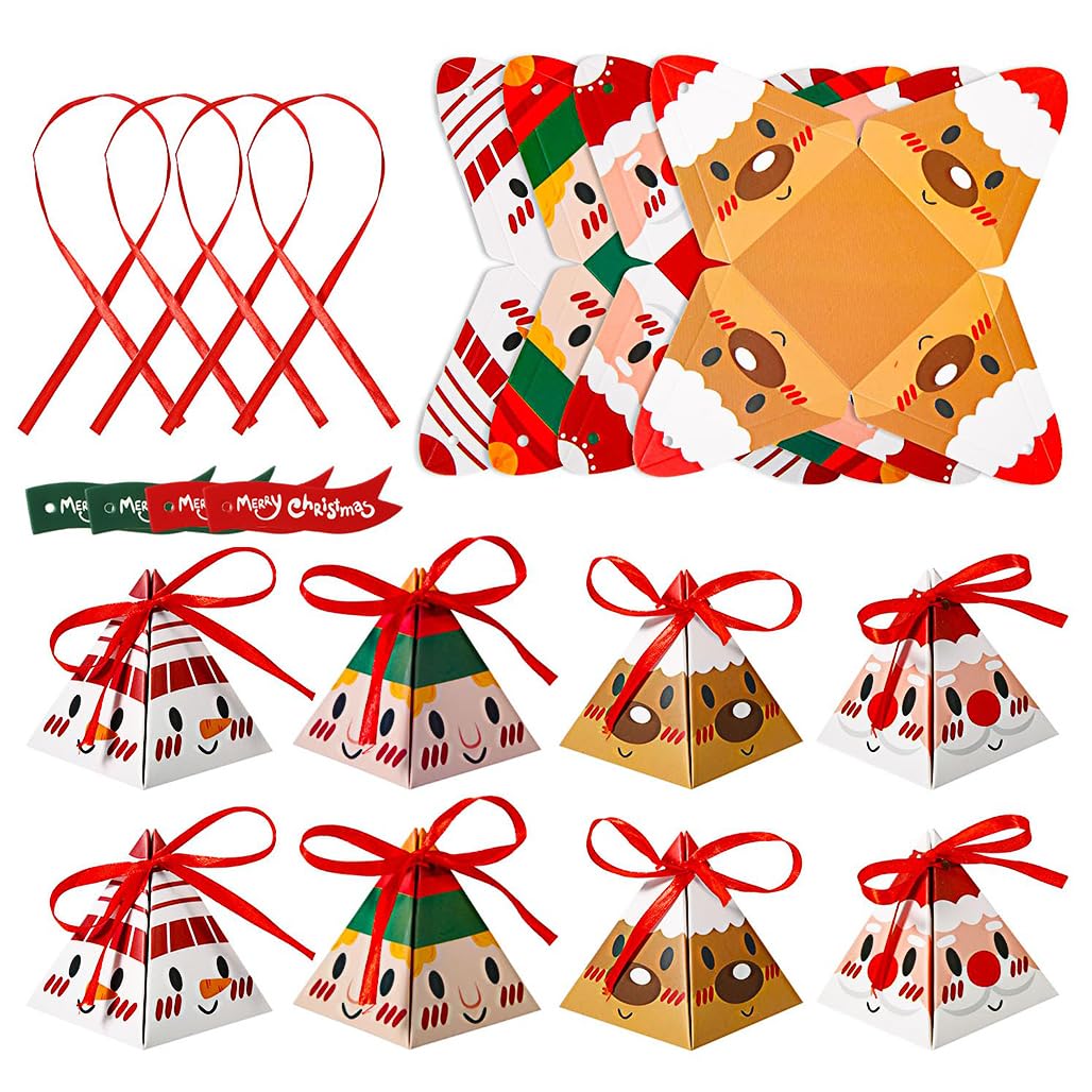 Goodern 12 Pcs Christmas Goody Boxes with Ribbon,Pre-Assembled Triangle Christmas Packing Box,Snowman Santa Claus Reindeer Styles Merry Christmas Cookie Gift Treat Wap Box for Gift Candy Chocolates