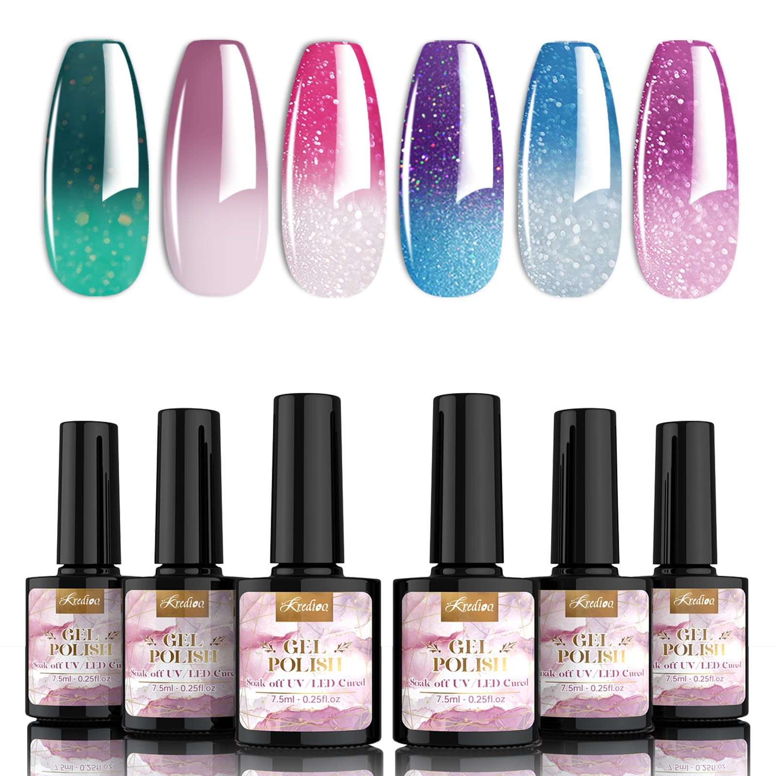 Kredioo Colour Changing Gel Nail Polish Set, 6 Colors Glitter Pink Green Purple Blue Temperature Change Manicure Nail Art Gel for All Season Spring Summer Fall Winter, UV/LED Cured Needed