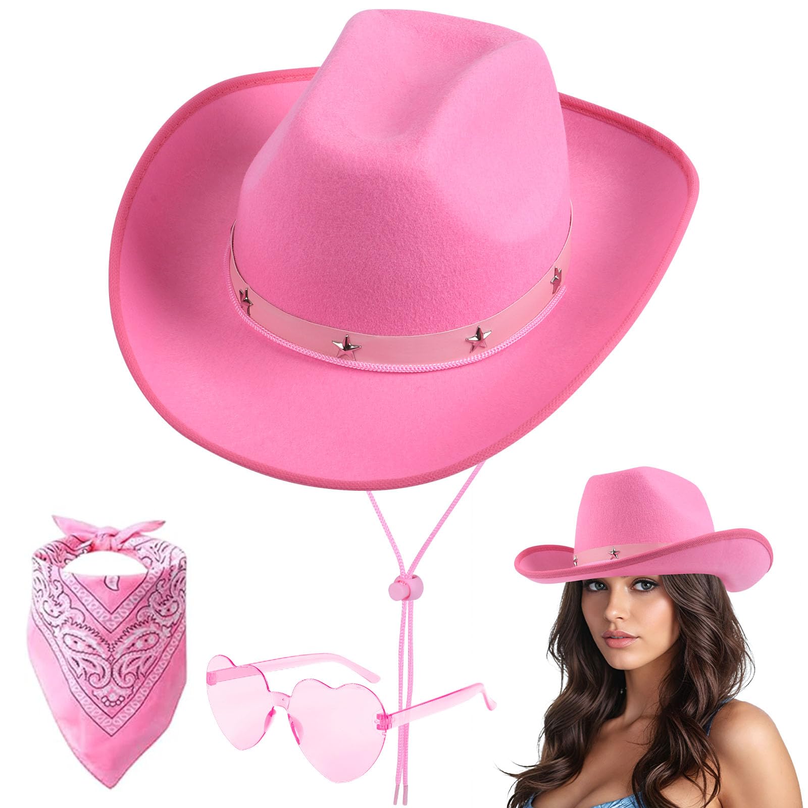 Aomig CowboyHut Damen Herren Fashion Westernhut Cowboyhüte Cowgrilhut Rockstar Randlose Hippie Herzförmige Brille Halstuch Wilder Westen Party Brillen Geburtstagsfeier Fasching Karneval Kostüm Party-A