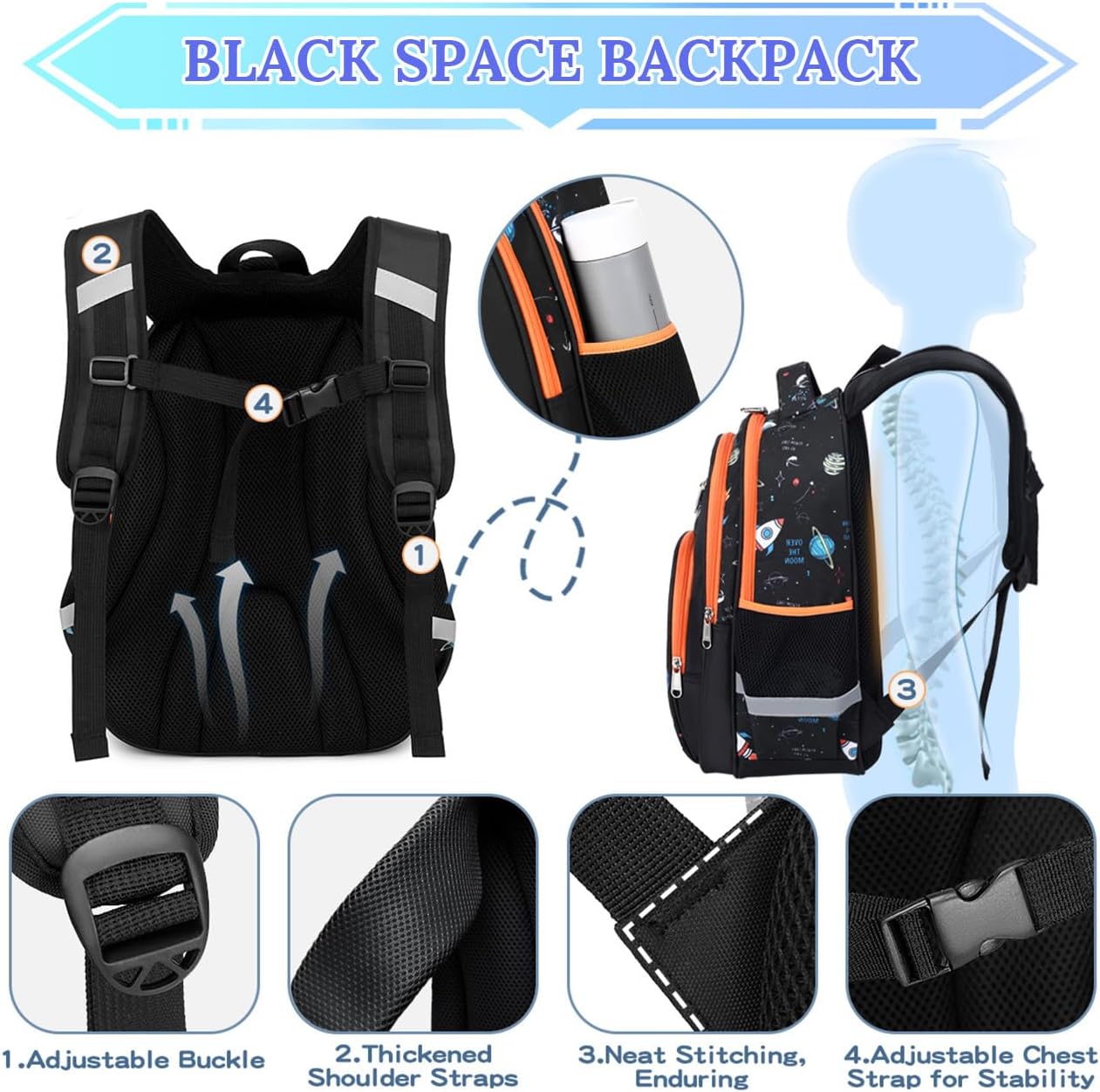Cusangel Kids Backpack for Boys, Clear Pocket with Badge-Decorated Stationery Collection Elementary Kindergarten School Black Space Bookbag 15.5 in Multifunctional Cute Large Capacity - Image 5