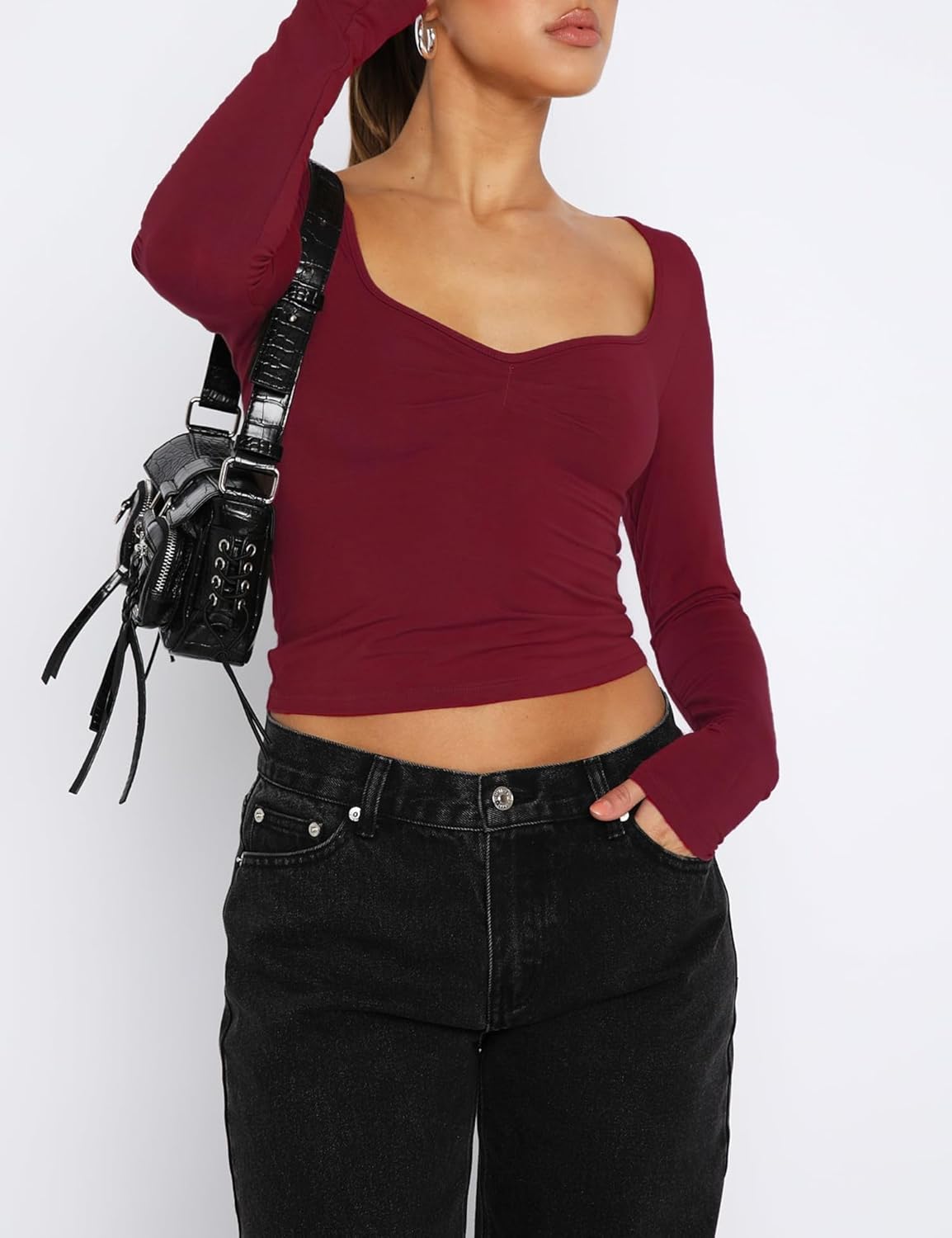 Women's Long Sleeve Going Out Crop Top Sexy Pleated Trendy Shirt Sweetheart Neck Y2K Ruched Cropped Tops - Image 2