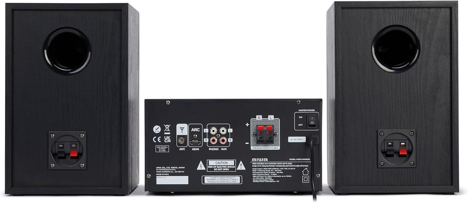 belakang view of the AIWA MSBTU-900DAB HiFi System main unit, showing various input and output ports.