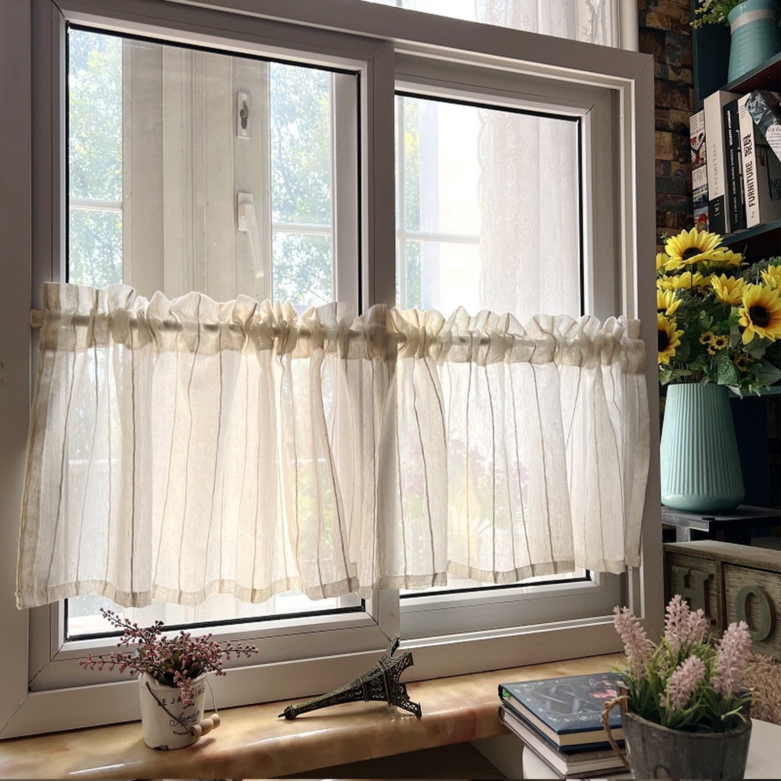 A.Monamour Gardine Scheibengardinen Kurzstores Halbtransparenter Gestreifter Voile Vorhang Kurzvorhang Kurzgardinen Küchengardine Küche Vorhang Fenster Kurz Stores Bistrogardine