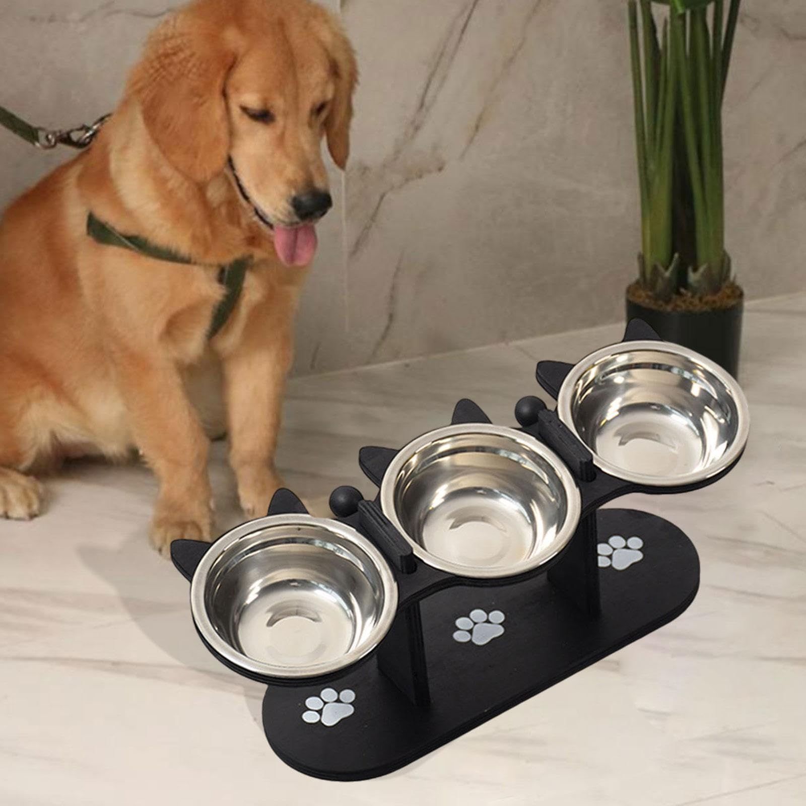 1 Cuenco Elevado para Gatos Y Perros Doble Función con Soporte de Madera Y Recipientes de Acero Inoxidable Removibles Adecuado para Mascotas, Negro, Individual