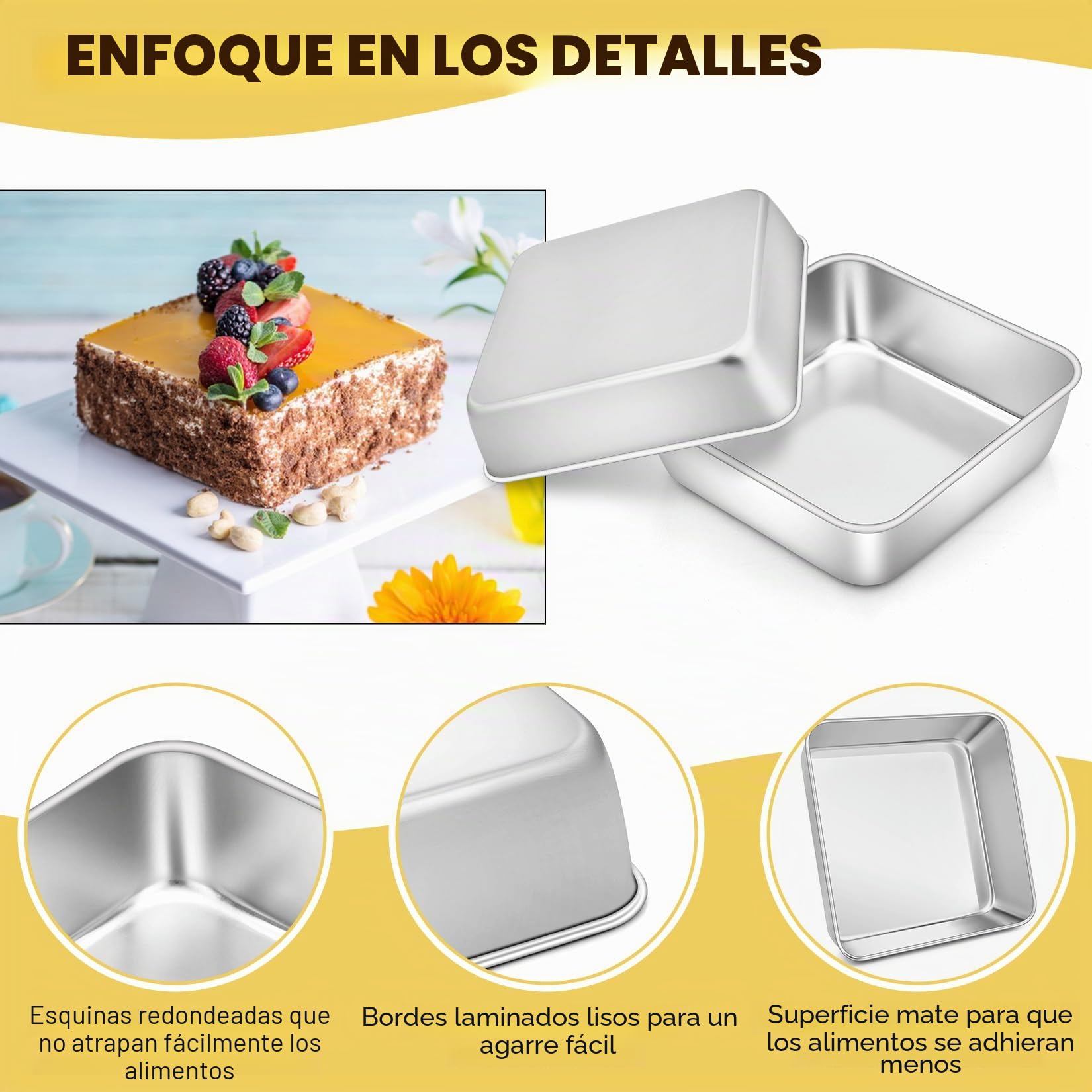 Onader - Juego de 2 moldes cuadrados de acero inoxidable para tartas, brownie, lasaña, saludables y aptos para lavavajillas, 15 x 15 x 5 cm