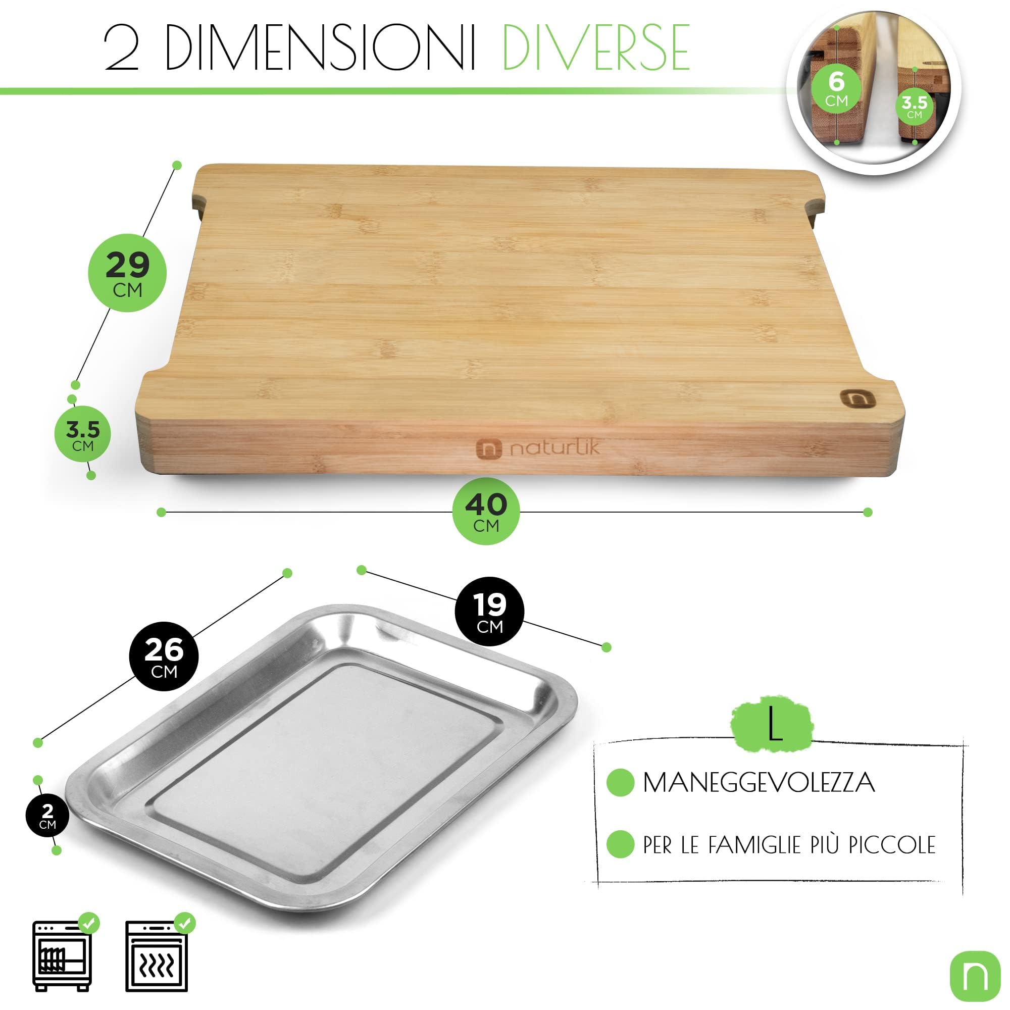 naturlik Tagliere da cucina in bambù con vassoi magnetici – Doppio contenitore per alimenti e scarti, pratico, resistente, FSC® – Tagliere legno