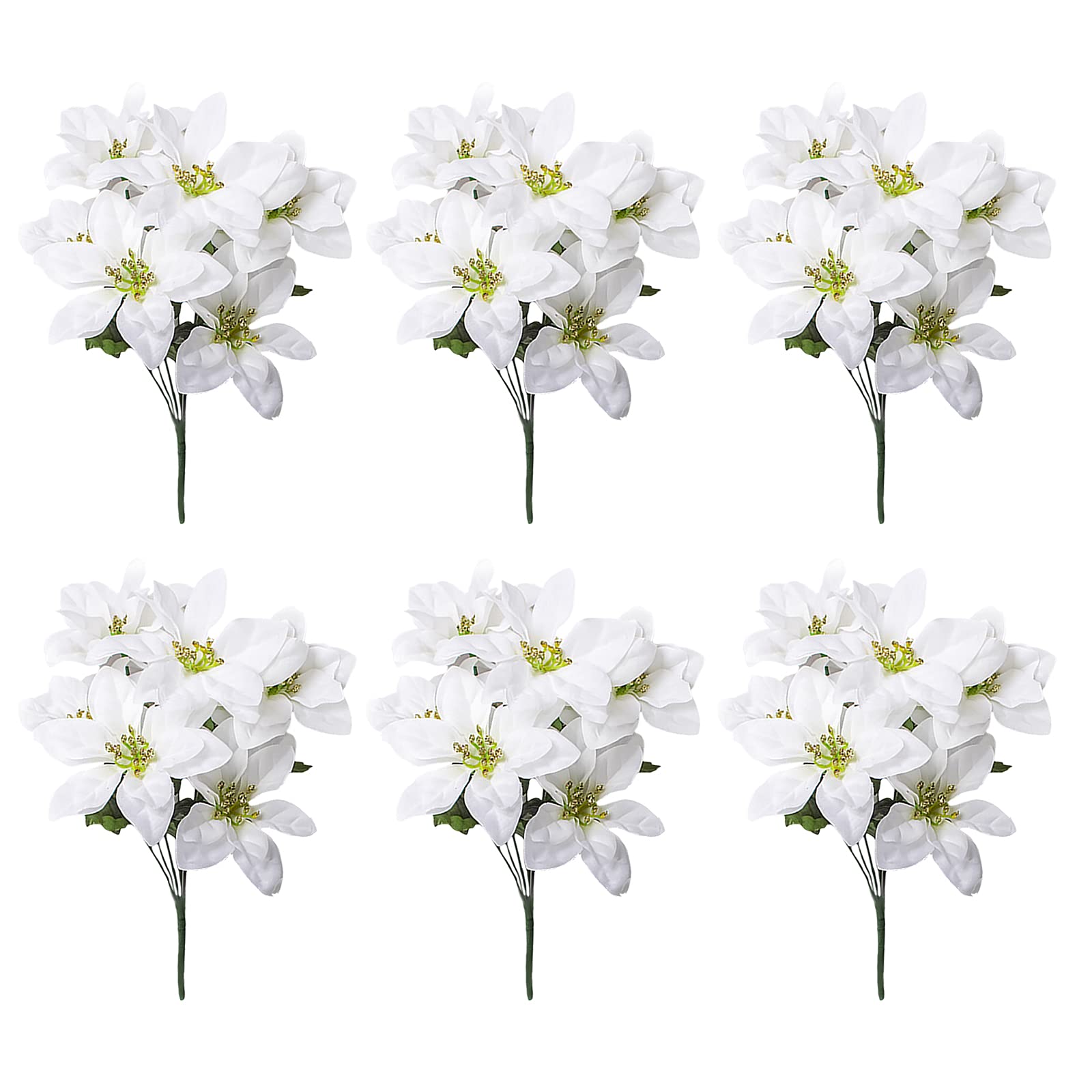 GREENSTORE 6PCS Artificial Poinsettia Bouquet, Silk Poinsettia Bush Christmas Flowers Xmas Flower for Xmas Christmas Tree Ornament Home Porch Decorations, White, 35cm / 13.8inch