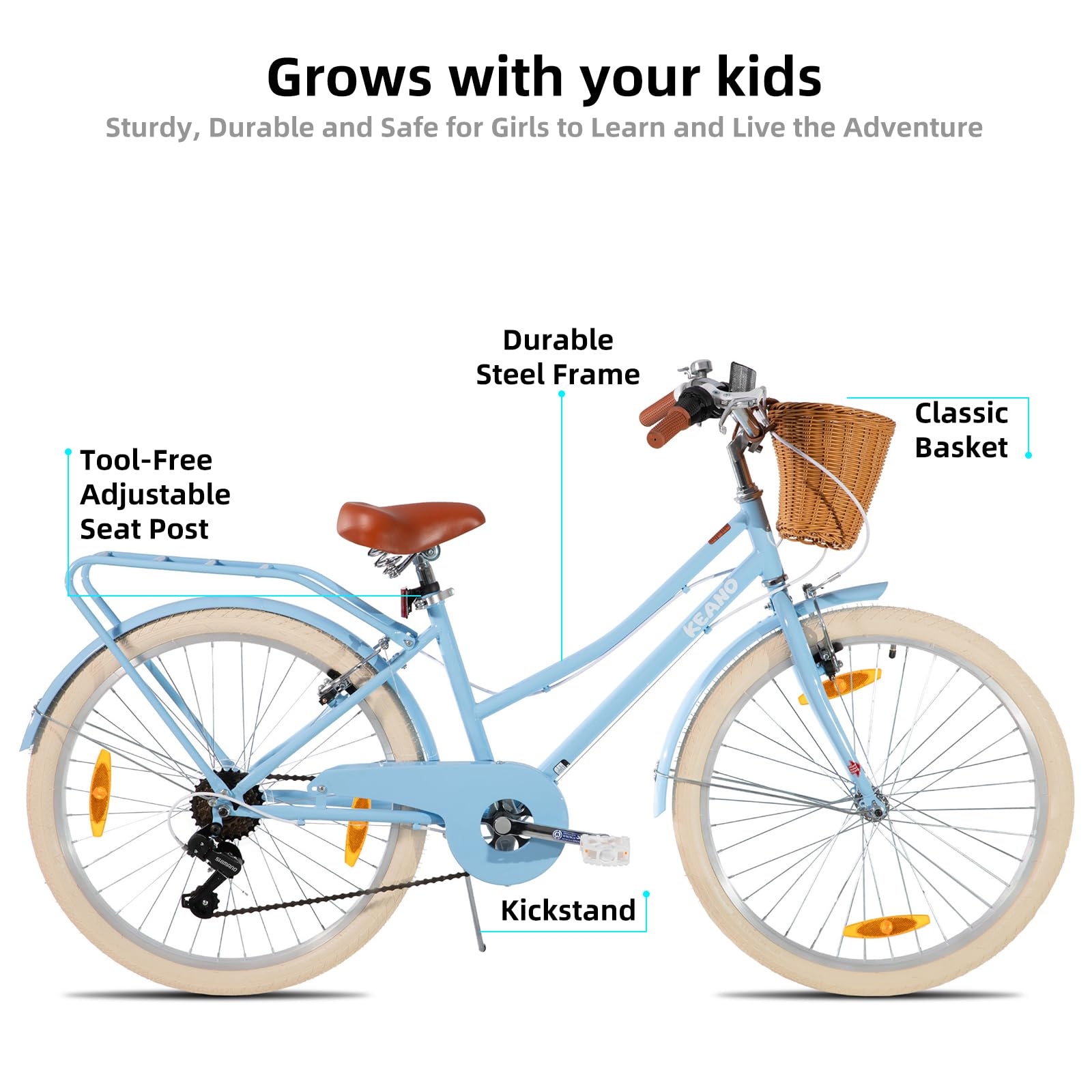 KEANO Poppy 20/24 Zoll Kinderfahrrad für Mädchen von 6 bis 11 Jahren, 20/24 Zoll Mädchenfahrrad mit 7 Gängen und Korb,blau/grün/rosa/lila/gelb
