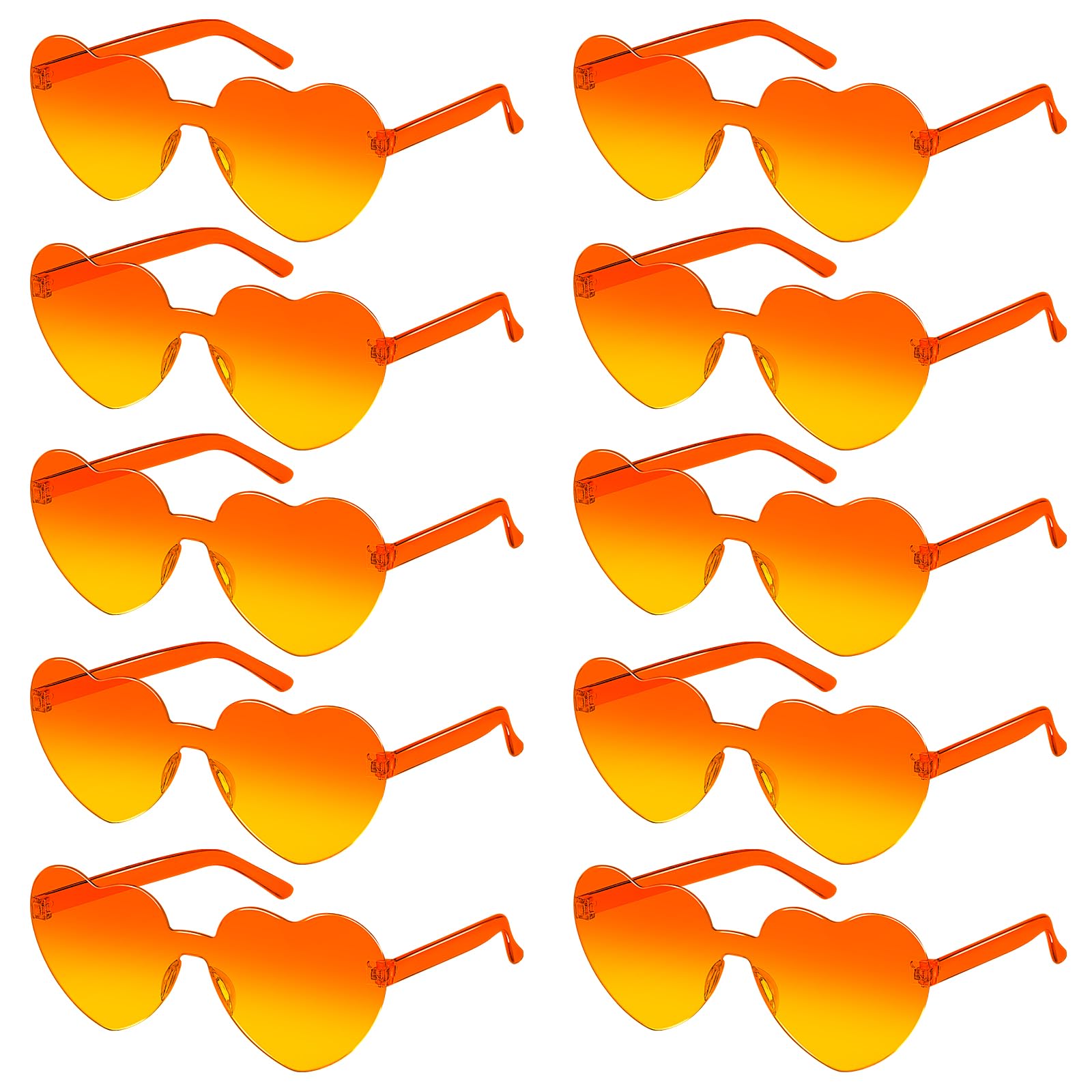 SelfTek 10 Pcs Gradient Orange Heart Glasses Rimless Heart Sunglasses Colored Love Party Glasses Multipack Transparent Colorful Fashion Funky Eyewear for Women Men — image 1
