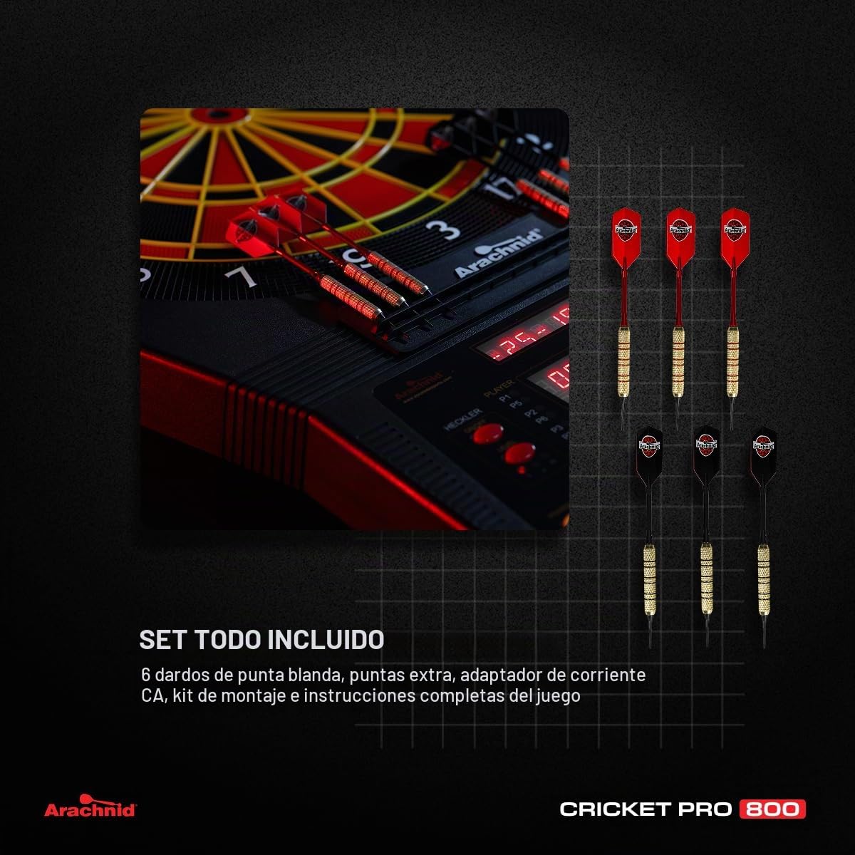 Arachnid Cricket Pro 800 - Diana electrónica con segmentos resistentes de nailon para una mayor durabilidad y jugabilidad y separadores de segmentos microfinos para reducir los rebotes, color negro