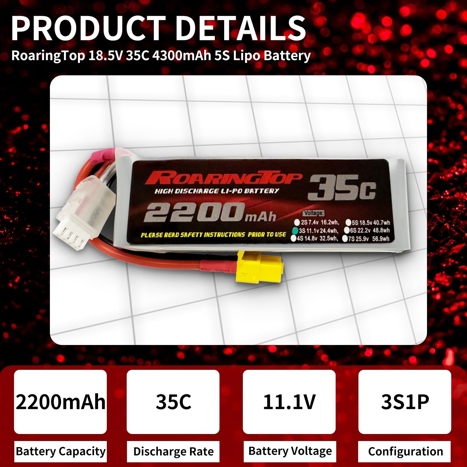 RoaringTop 3S Lipo Batterie 2200mAh 35C 11.1V Lipo Batterie(Décharge Continue) Batterie Softshell avec XT60 pour RC Hélicoptère DJI Avion RC Avion RC Quadcopter Drone FPV (2PCS)