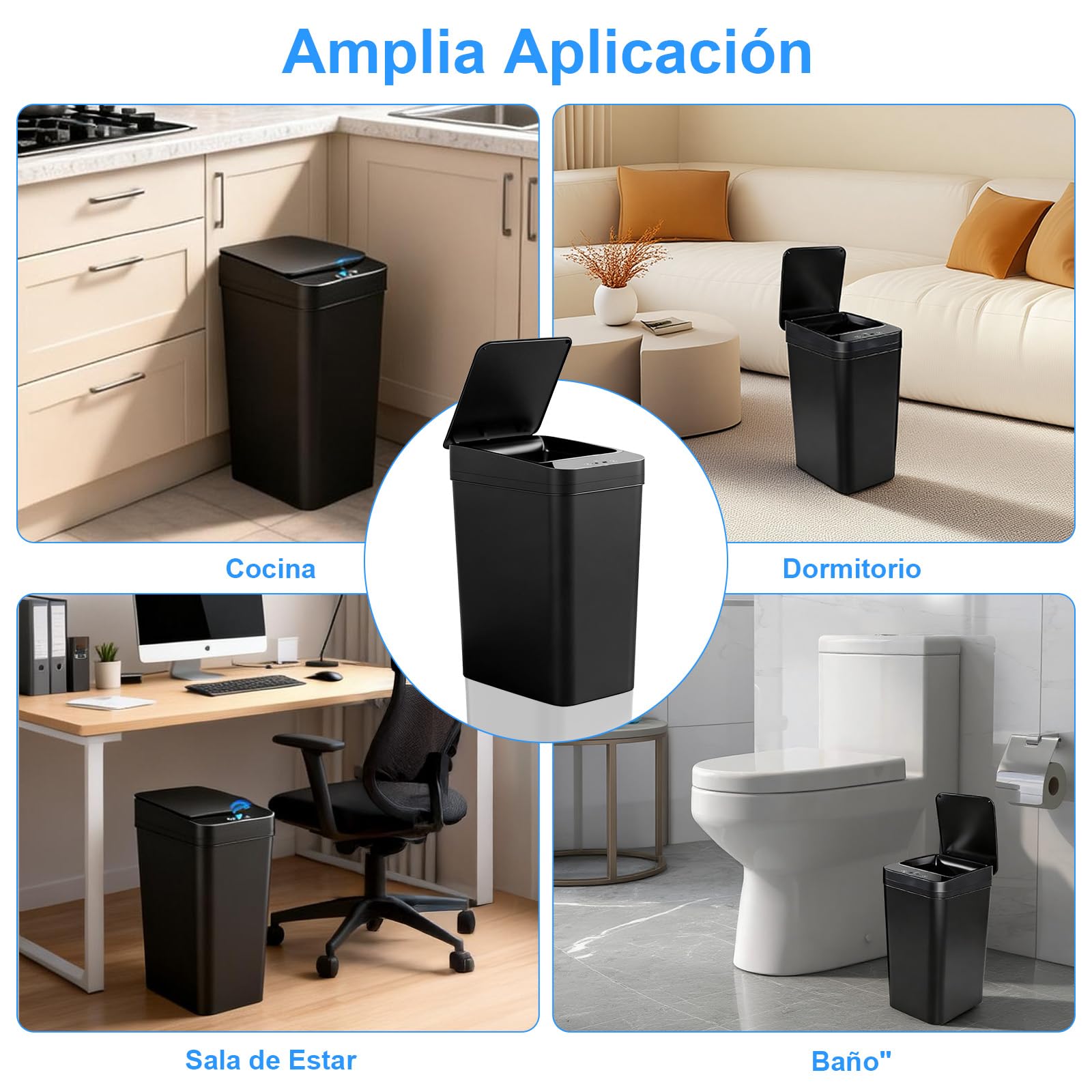 Set de 2 Cubos de Basura Automáticos (15L y 12L) con Tapa Inteligente – Cubo Basura Automático, Papelera Silenciosa e Impermeable con 3 Modos de Funcionamiento, Ideal para Cocina, Baño y Oficina Negro