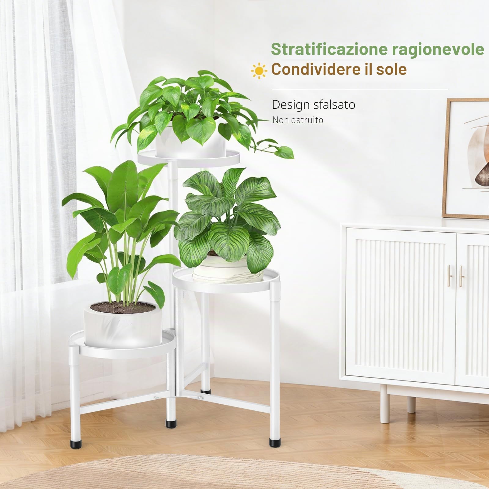Scaffale per piante in metallo, 3 animali, altezza 115 cm, antiruggine, per interni, esterni, giardino, balcone, bianco