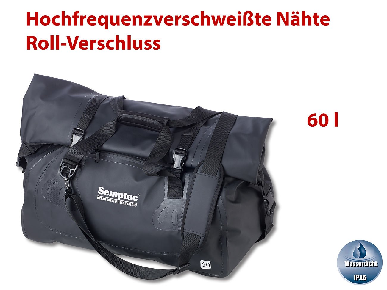 Semptec Urban Survival Technology Sporttasche: wasserdichte Profi-Outdoor- und Reisetasche aus LKW-Plane, 60 Liter (Sporttasche aus LKW Plane, Reisetasche & Rucksack wasserdicht, Schnee)