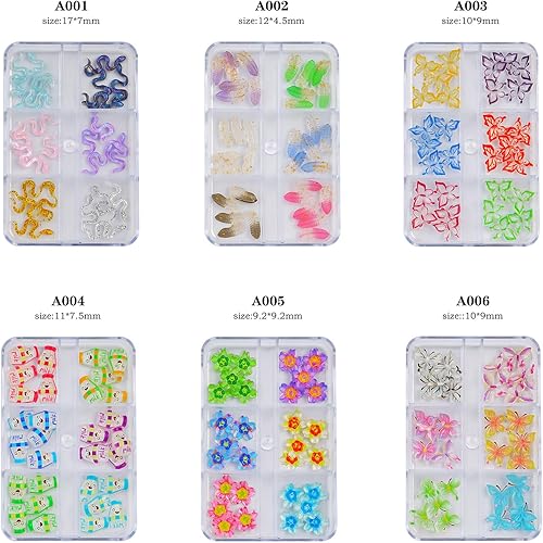 Miniatura 5 de 6 encantos de uñas en caja de 36 rejillas 3D para decoración de uñas, dijes de resina de color acrílico, blanco, rosa, negro, amarillo, verde,