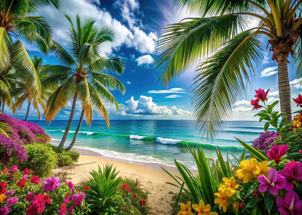 8x6ft Summer sea Backdrop Tropical Beach Plants Photo Backdrop Hawaiian Ocean Blue Sky Background for Theme Party Supplies Studio Props