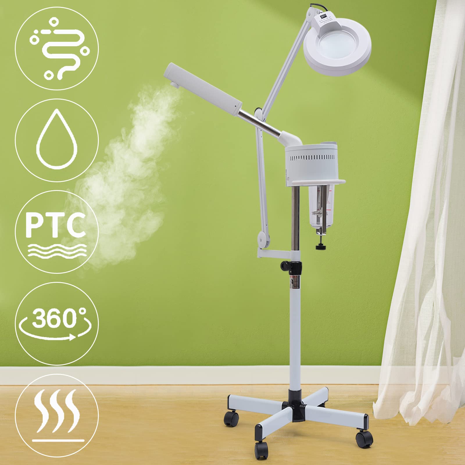 2 in 1 vaporizzatore viso con 5 luci di lente d'ingrandimento, ozono, sauna facciale, pulizia pori, vapore, spa, umidificatore, strumento di bellezza per la casa salone spa
