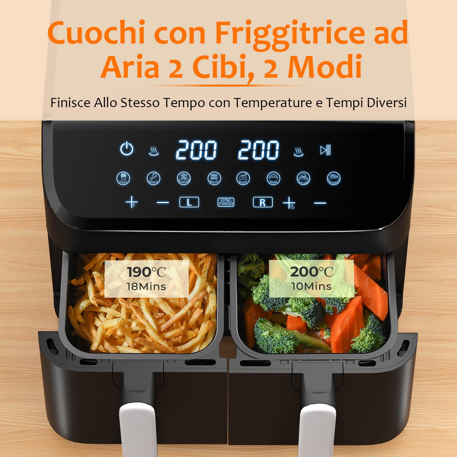 YASHE Friggitrice ad Aria Doppio Cestello, 9L XXL Capacità Friggitrice Aria con 2 Cestelli Separati, 8 in 1 Programmi di Cottura, Touchscreen LED, Cottura Sana, Veloce e Versatile Air Fryer
