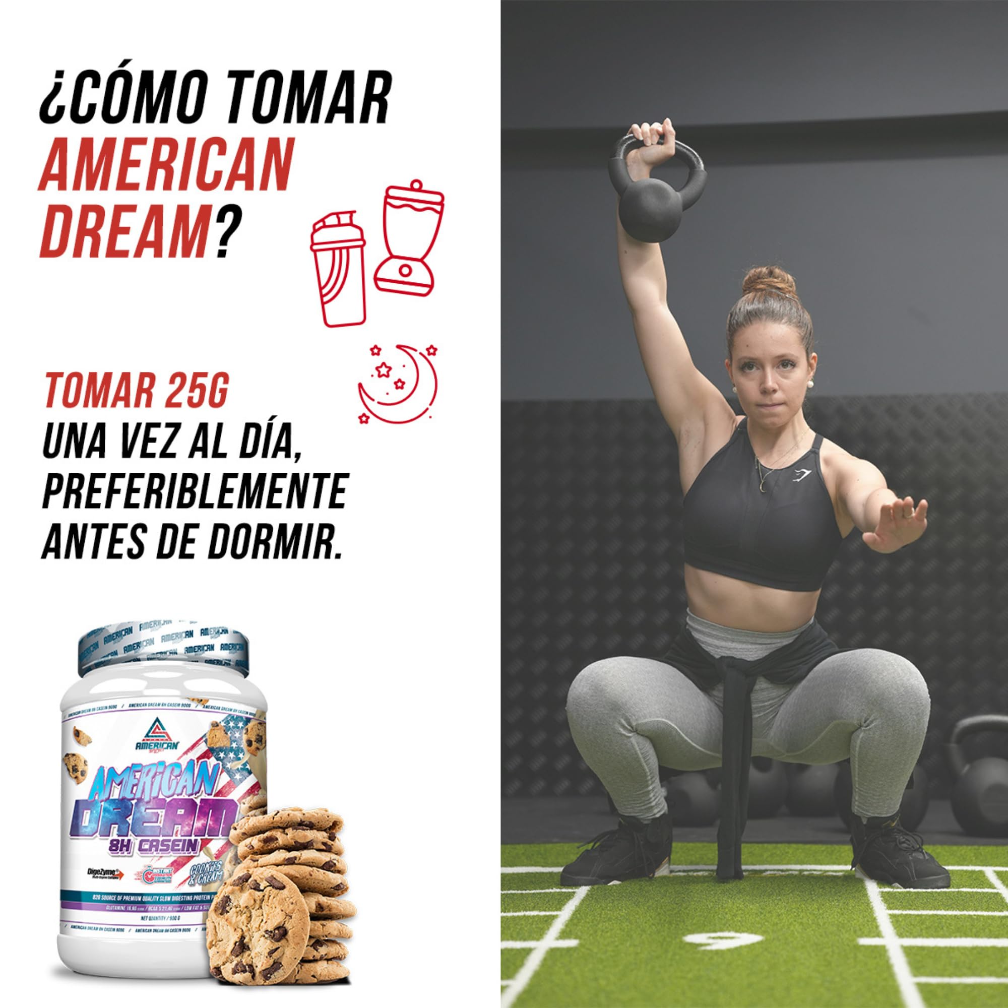 American Dream Casein | Caseina Micelar | Evita el Catabolismo | Caseina Proteina | Recuperador Muscular | con Proteina de Suero de Leche | 900 gramos (900g, Cookies)