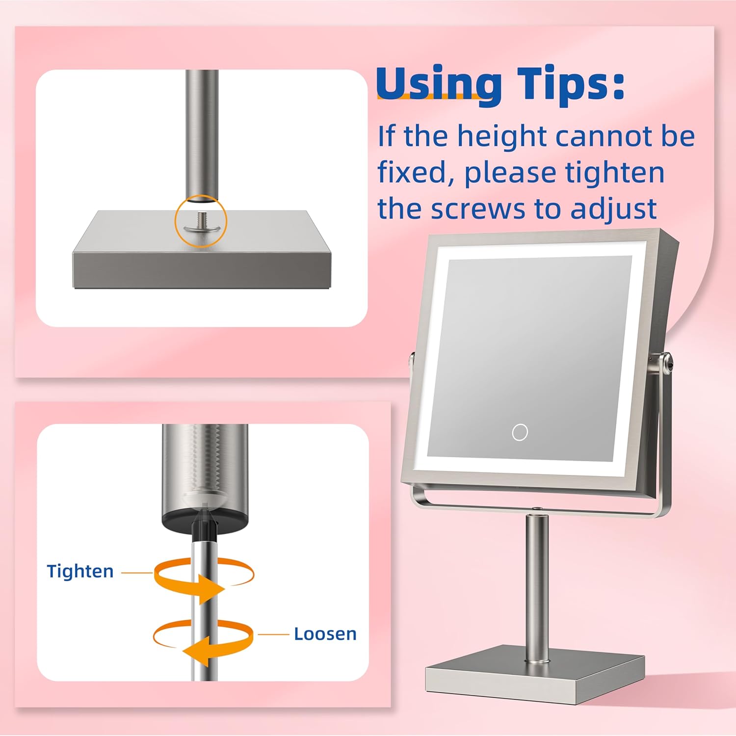 Ruacq Makeup Mirror with Lights, 4000mAh Rechargeable Magnifying Mirror with Light, 1X/10X, Height Adjustable Bathroom Vanity Mirror, 3 Colors, Adjustable Brightness (Brushed Nickel)