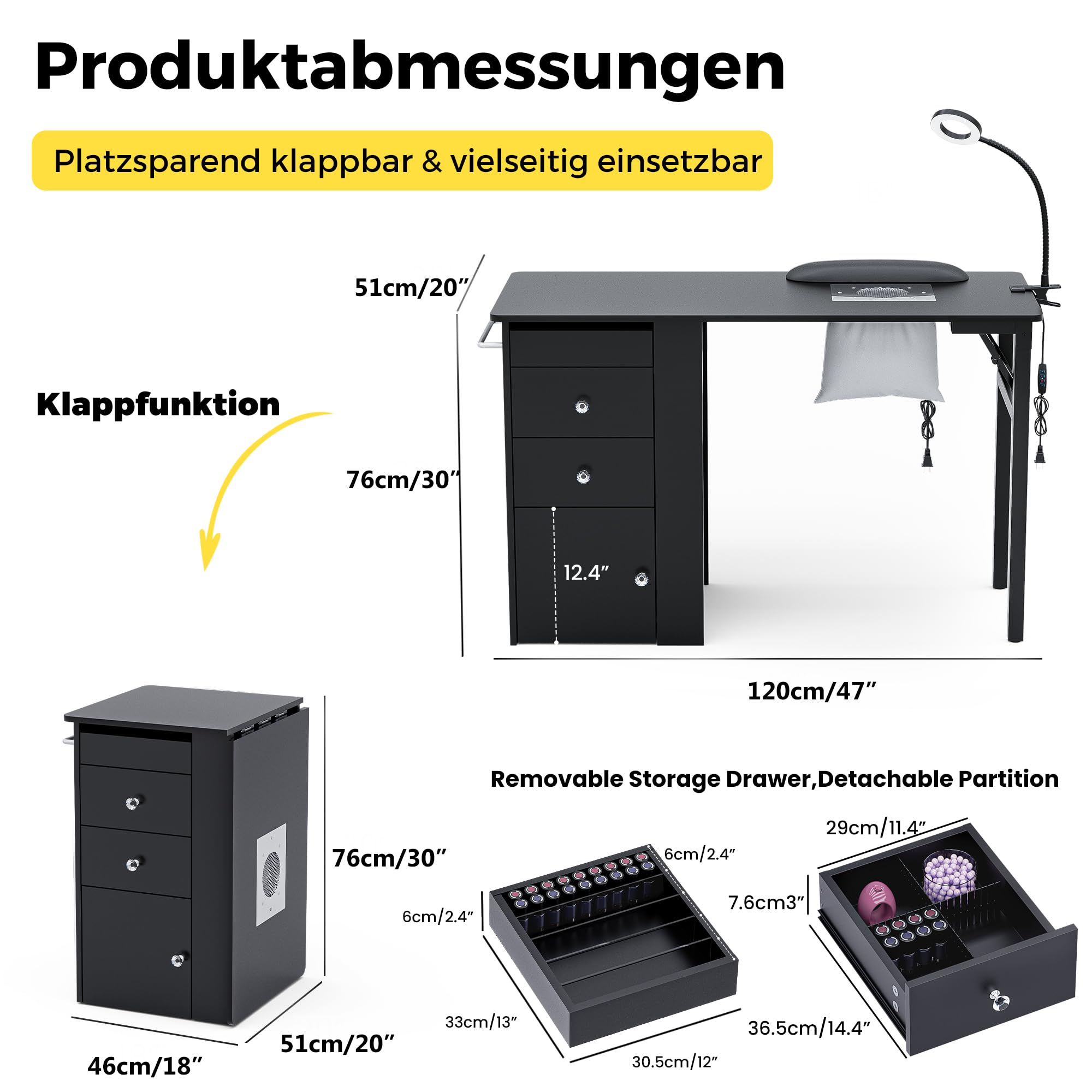 Klappbarer Nageltisch mit Staubabsaugung & LED-Lampe, Mobiler Manikürtisch auf Rollen mit 3 Schubladen, Schrank & Nagellack-Organizer, Handauflage & 4 Staubsaugerbeutel für Nagelstudio,Schwarz