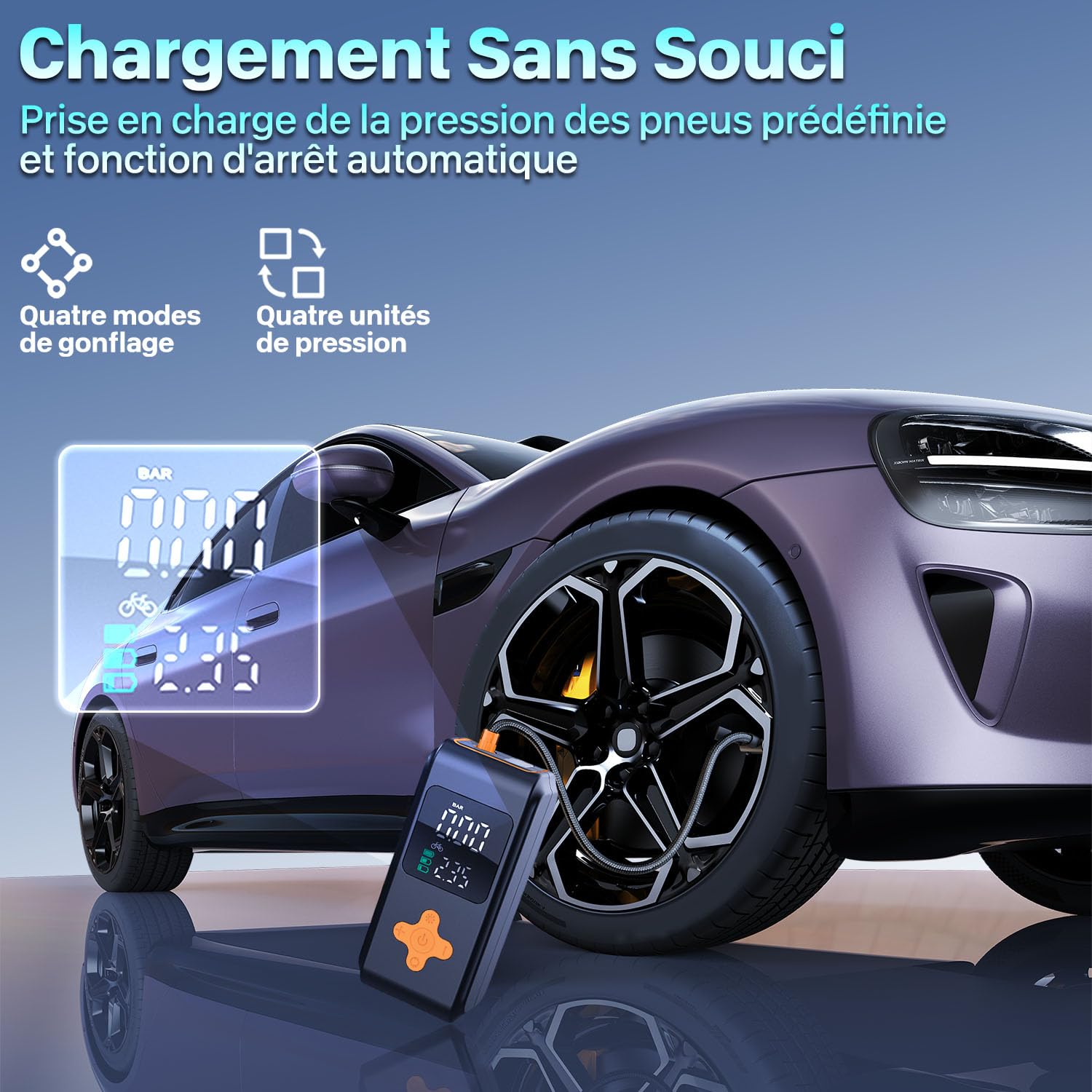 Gonfleur Pneus Voiture, Compresseur à Air Portatif 12 V CC, Compresseur Voiture De 150 psi et Lumière LED Numérique, Gonfleur Pneu Voiture a Electrique Rechargeable USB-C, pour Voiture, Vélo, Moto