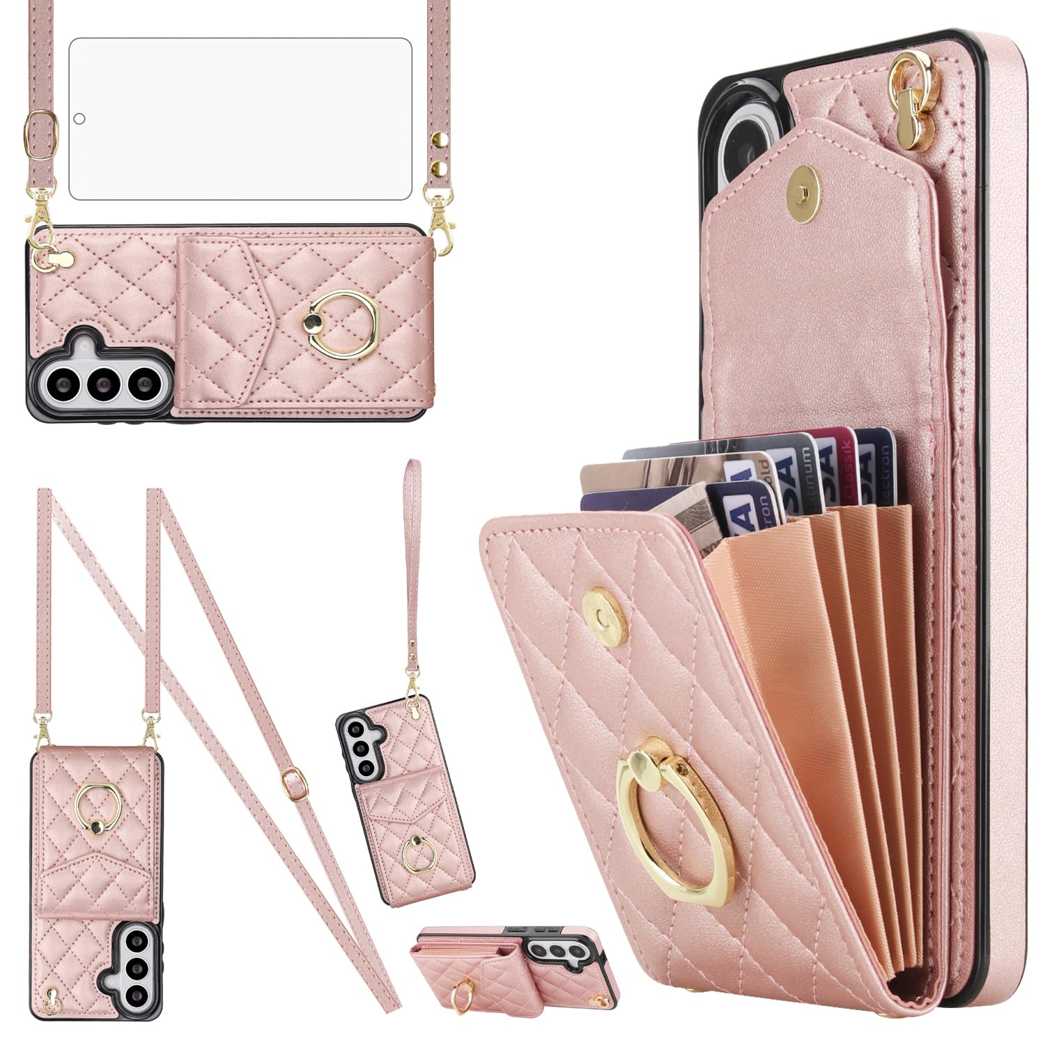 Photo 1 of Asuwish Phone Case for Samsung Galaxy S26 5G Wallet Cell Cover with Tempered Glass Screen Protector Crossbody Wrist Strap Ring RFID Blocking Card Holder S 26 26S G5 6.3 inch Women Men Girls Rose Gold