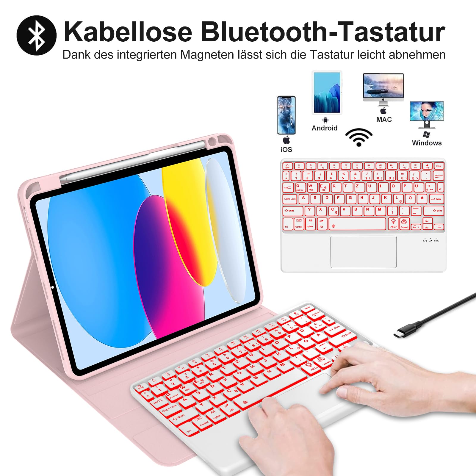 WAVATA Bluetooth Tastatur-Hülle Für IPad 10 (2022) & 11 (2025) – Abnehmbar, Magnetisch, Rosa