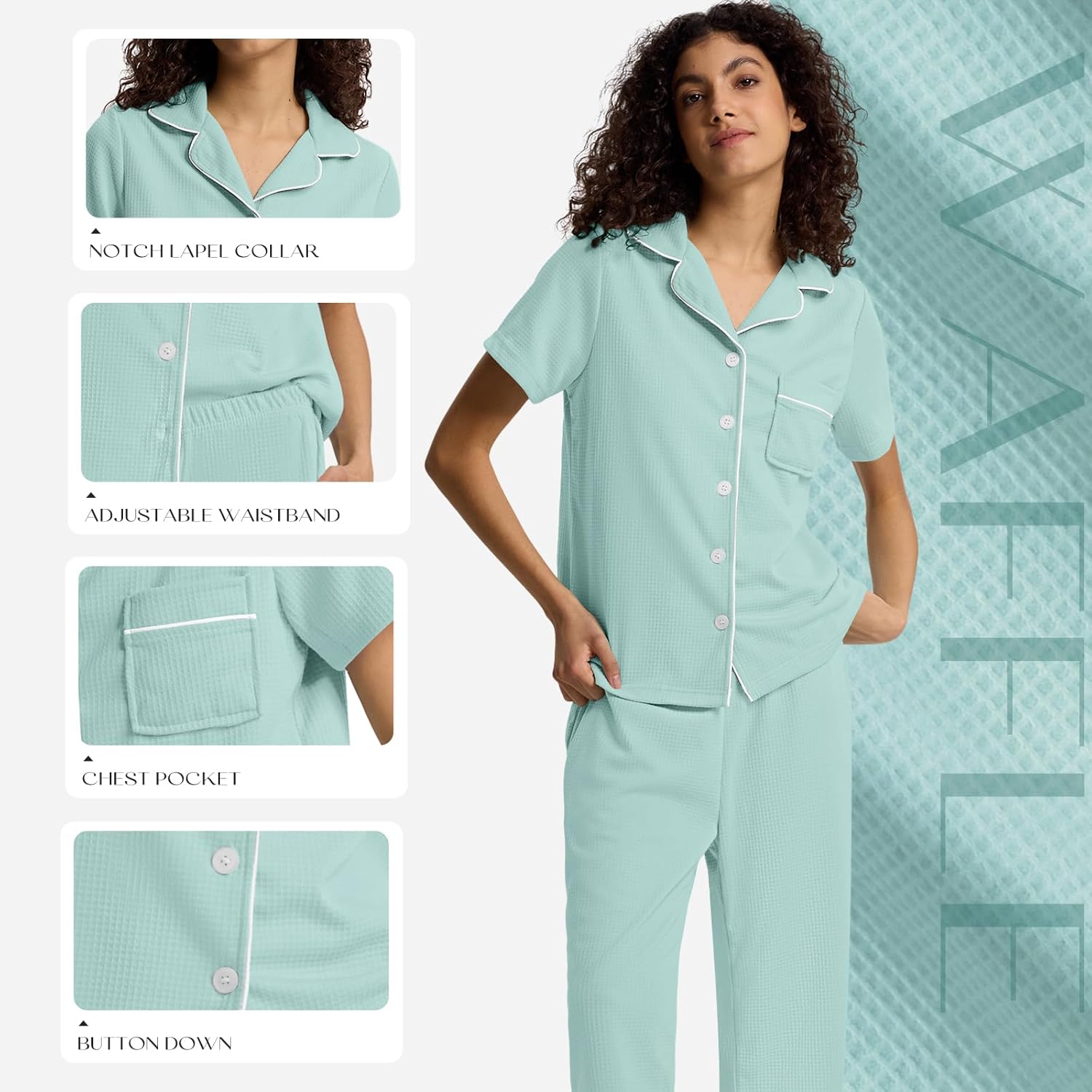 SIORO Capri Pajamas Set for Women, Button Down Sleepwear Short Sleeve Loungewear, Waffle Knit Top with Capri Pants Pjs - Image 5