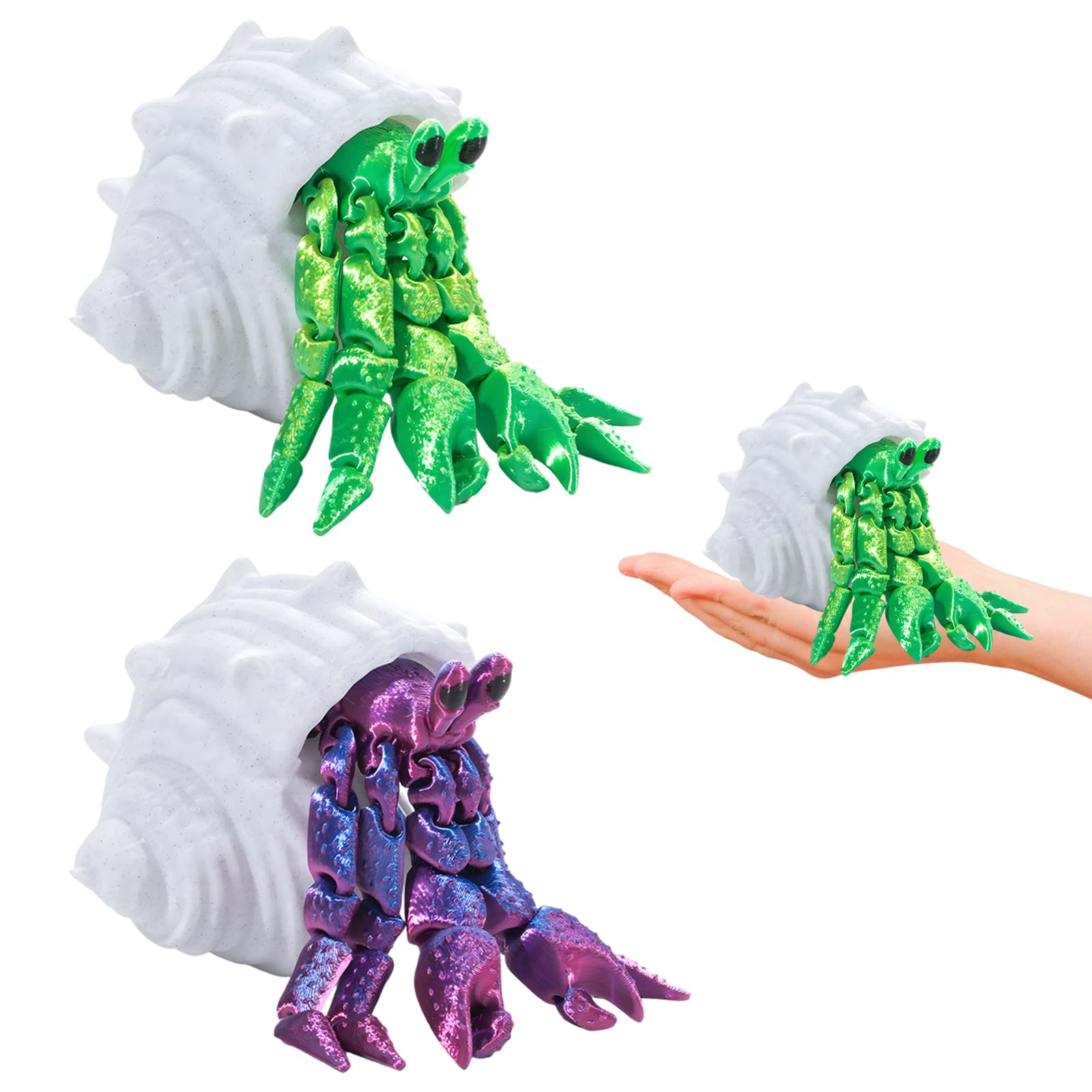 2 Pack 3D Printed Crab Toy, Flexible Articulated Hermit Crab for Stress Relief, Fidget Toys for Adults and Kids, Desk Decor for Office and Home, Laser Purple and Laser Green