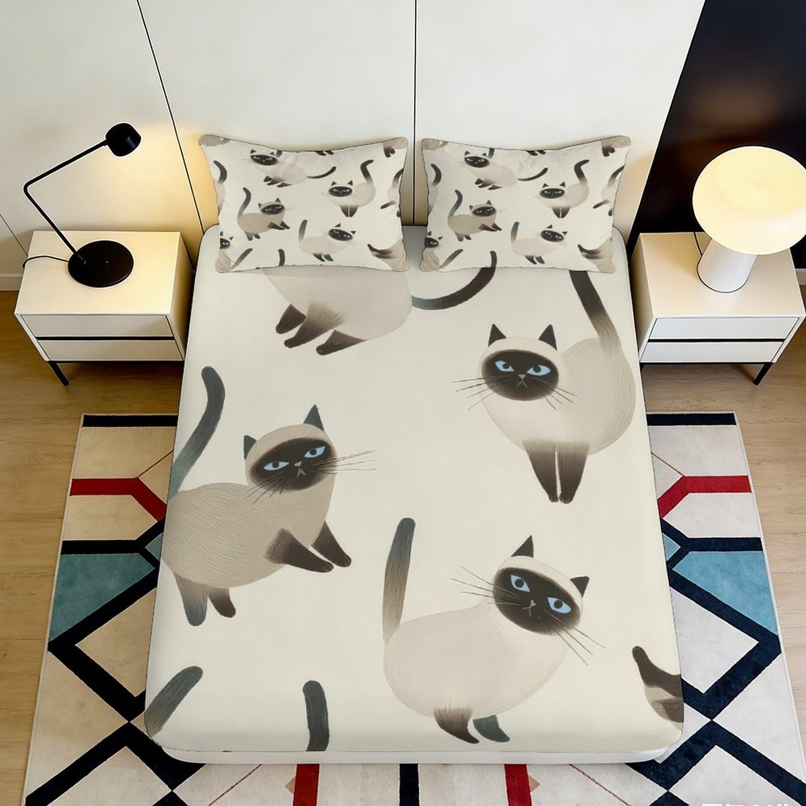 3D Printed Siamese Cat Fitted Sheet Microfiber Soft Breathable Cartoon Cat Bed Cover for Bedroom Guest Room Mattress Protection 90x200x25cm