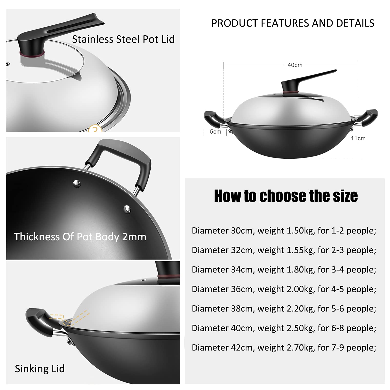 AIZYR Wok De Hierro De Fondo Plano para El Hogar con Mango De Madera Y Tapa De Vidrio para Estufas Eléctricas, De Inducción Y De Gas,42cm