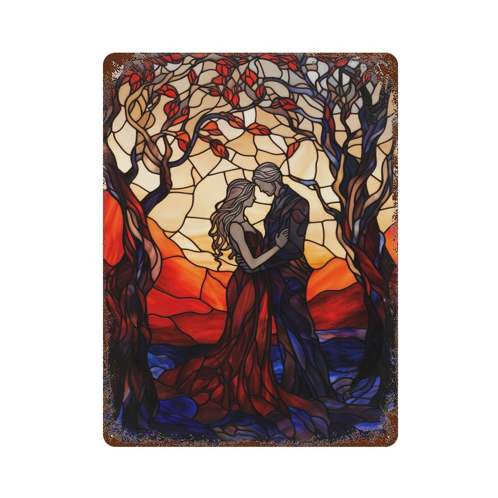 Stained Glass Couple Rust Effect Tin Sign 15.7"x11.8", Industrial Home Decor for Garage, Bar And Workshop Decor