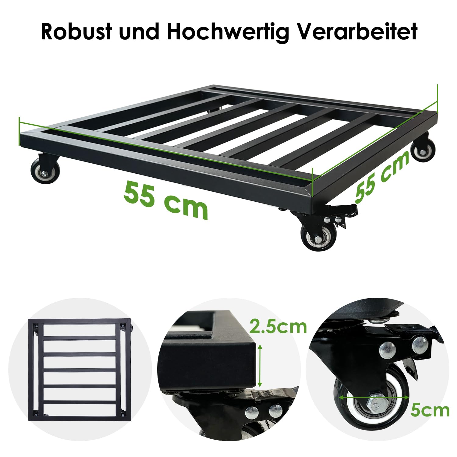 55 cm Metall Pflanzenroller, Rollbrett Pflanzen Tragkraft 300kg, Blumenroller Quadratisch mit 360°Drehbare Rädern,Gefäßroller Schwarz für Große Pflanzgefäße im Innen und Außenbereich,1 Stück