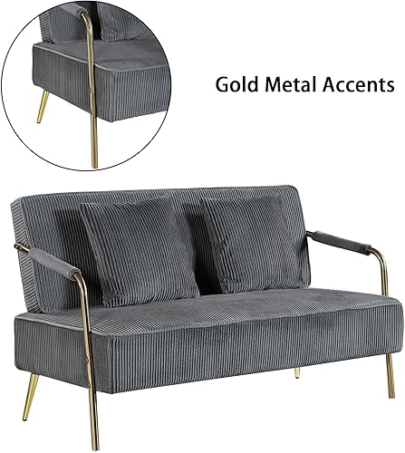 Miniatura 4 de Moderno sofá biplaza tapizado de terciopelo con 2 almohadas y patas de metal dorado, sofá futón pequeño plisado de 2 plazas para espacios pequeños,