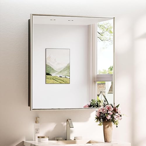 Miniatura 9 de TokeShimi Botiquín empotrado de 16 x 24 pulgadas, espejo de tocador de baño, superficie con marco de metal plateado, montado en la pared con bordes