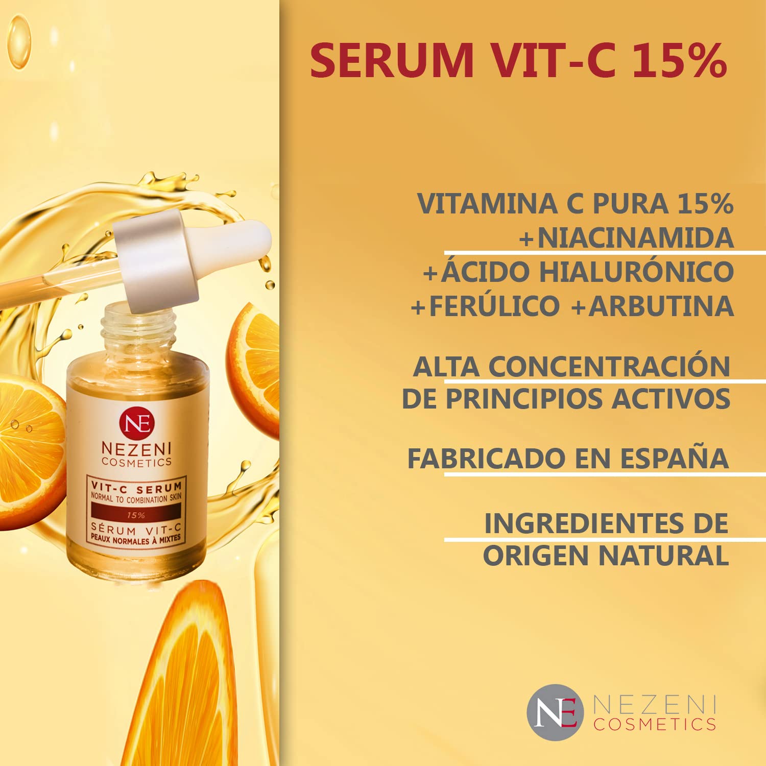 Serum VITAMINA C 15% + 10% Niacinamida + Ácido Hialurónico – 7 principios activos - BAJO CONSERVANTES 2 años caducidad cerrado