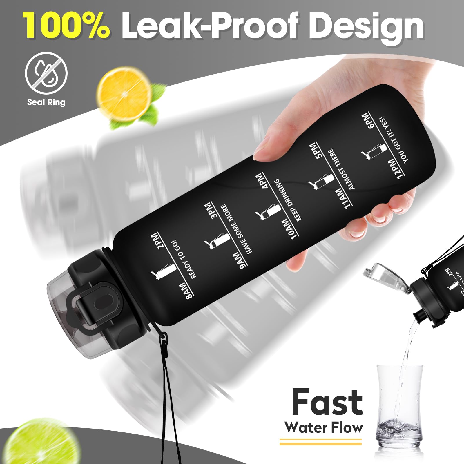 JAPORIA Borraccia 500ml, a Prova di Perdite, Borraccia Sportiva con Indicatore del Tempo, senza BPA, Bottiglia Acqua Motivazional per Bici, Palestra, Scuola, Gym