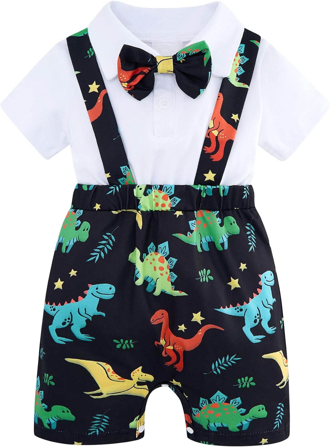 BFUSTYLE Baby Boy Romper 2 in 1 Outfits Short Sleeve Bodysuit with Bowtie 0-24 Months Dinosaur 2 18-24 Months