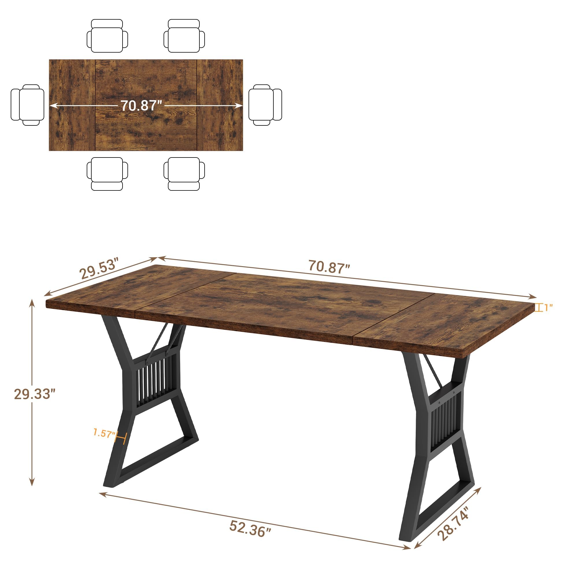 Esstisch Rechteckiger Küchentisch Für 6–8 Personen, Esszimmertisch Mit Stahl Metallgestell & Holz Tischplatte Für Esszimmer, Küche, Wohnzimmer, 180 x 75 x 75 cm