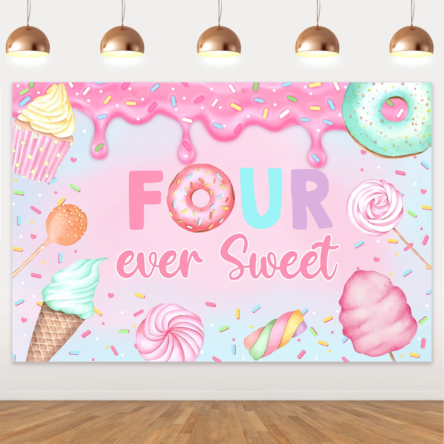 Four Ever Sweet 5x3ft Pink Donut Birthday Backdrop for Princess Kids Girl Four Year Old Party Decor