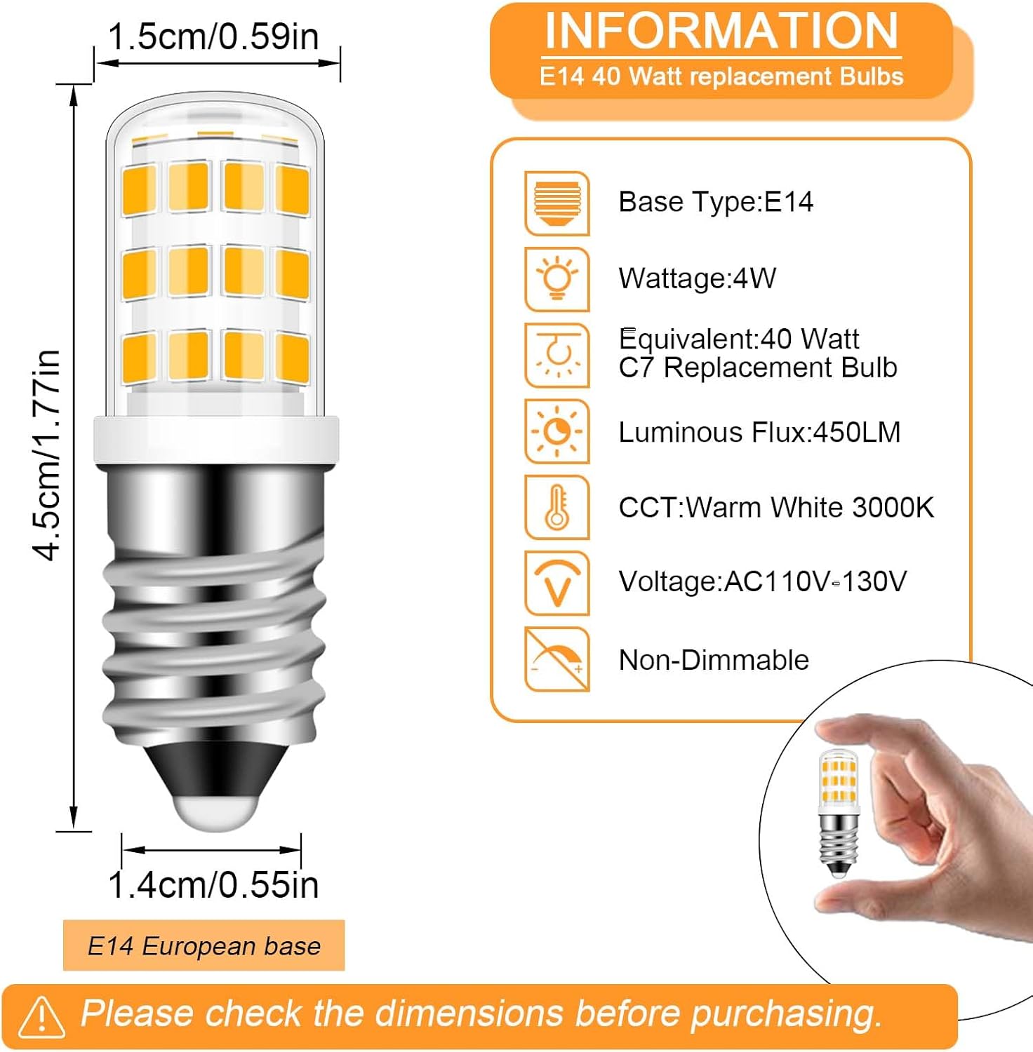 E14 European Base Bulb AC 110V-130V 40W Incandescent Equivalent Turkish Lamp Bulb Replace E14 led Dimmable 4W for Fridge Refrigerator Cooker Hood Warm White 3000K (2 Pack)