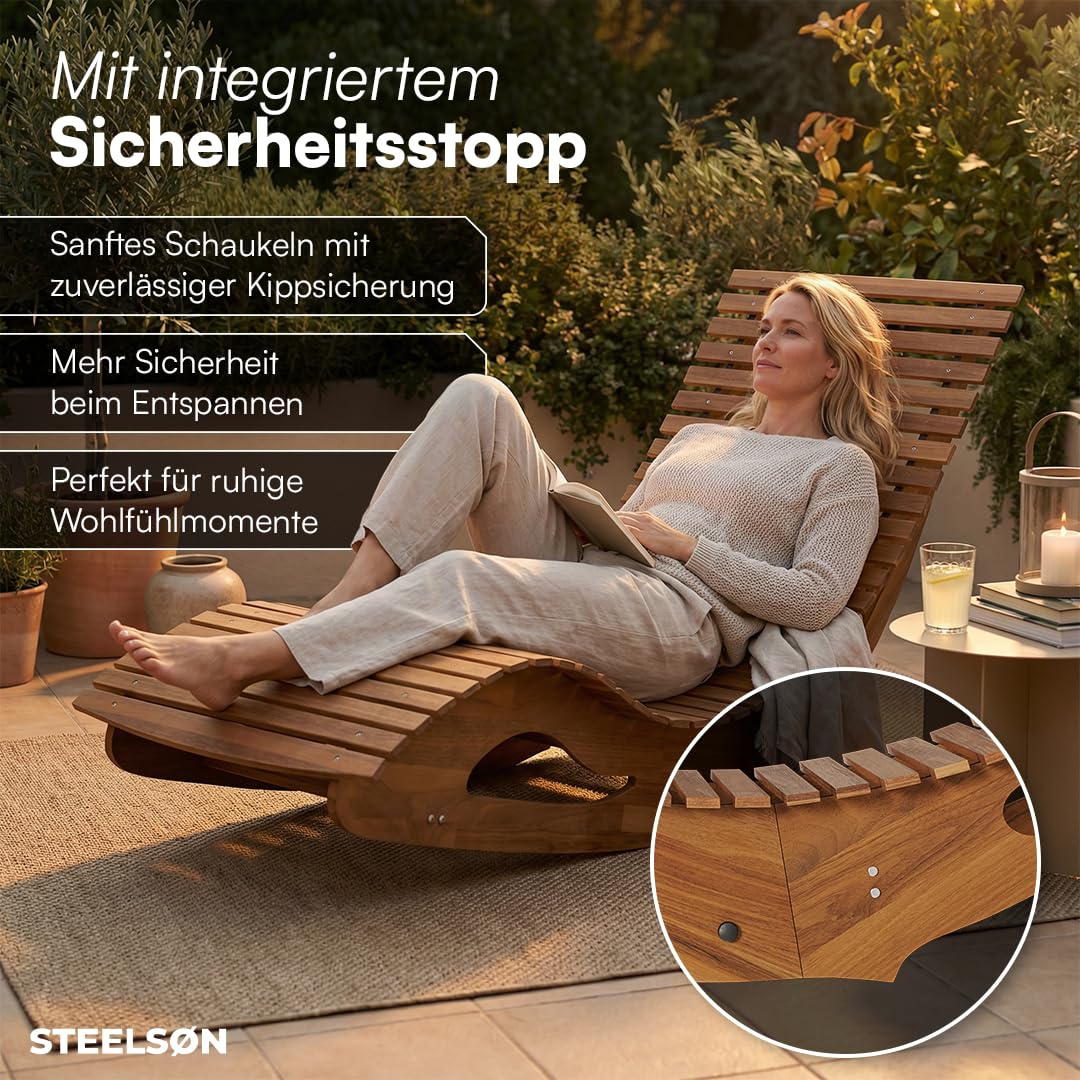 STEELSØN Solaria Gartenliege, Akazienholz geölt, klappbar, 150kg, Outdoor | Holzliege klappbar, Liegestuhl Akazienholz geölt, Sonnenliege, ergonomische Saunaliege wetterfest, Schaukelliege, Relaxliege