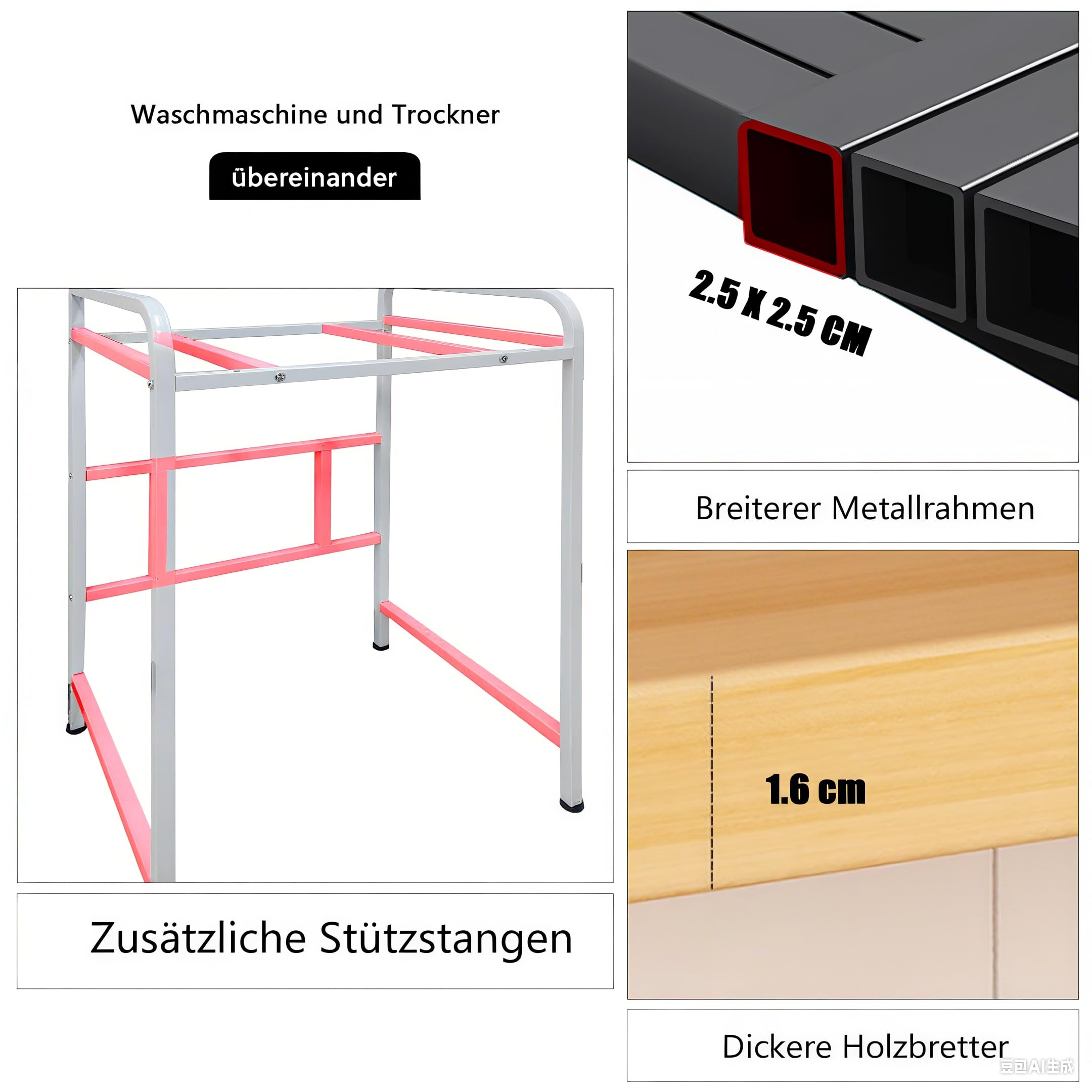 Mueble Lavadora Secadora Ajustable en Altura, Metálico Soportes para lavadoras-secadoras Carga 400kg, Estanterías para baño para Lavadora para balcón/lavadero (BlackTeak, H: 90cm/95cm/100cm)