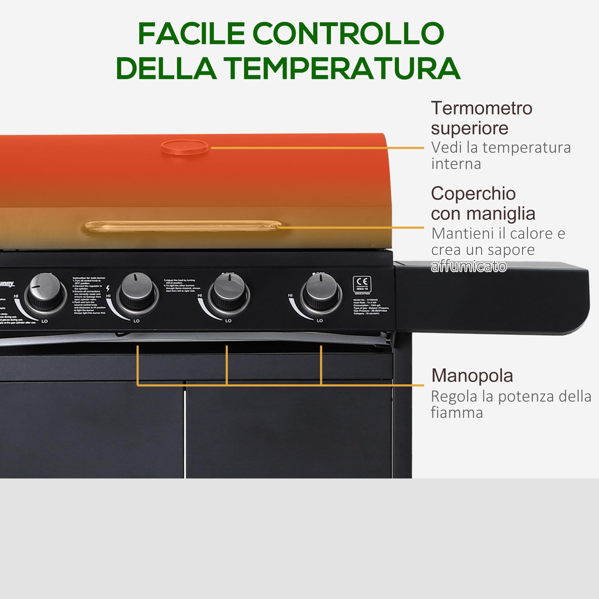 Outsunny Barbecue a Gas 5 Fornelli con Ripiani Laterali e Armadietto, 125x51x100 cm, Nero