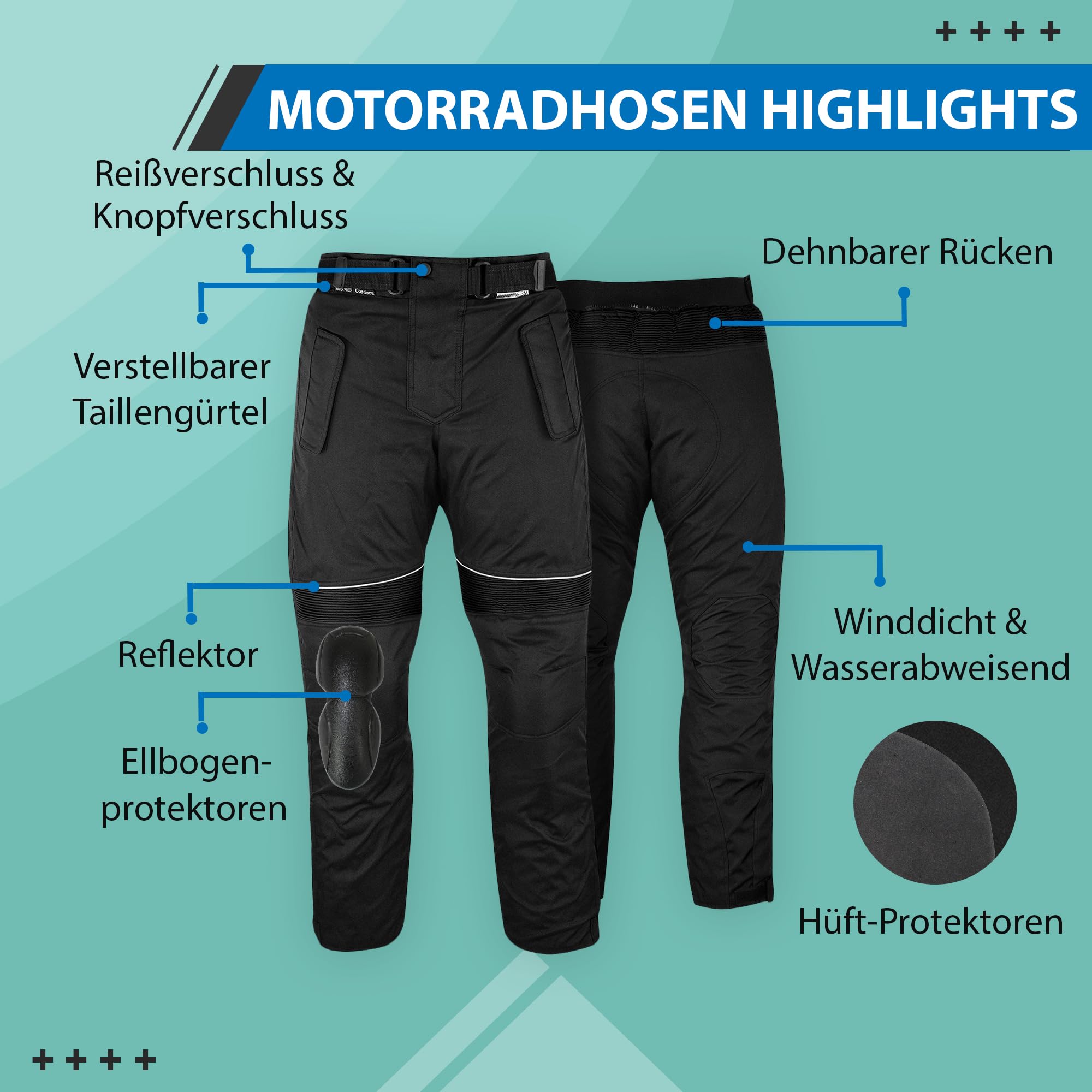 German Wear Pantalon de moto pour homme avec protections 2CE – Coupe-vent Biker Quad Textile – Doublure thermique lavable et amovible – Fermeture éclair combinée, Taille élastique – 4 couches & 2